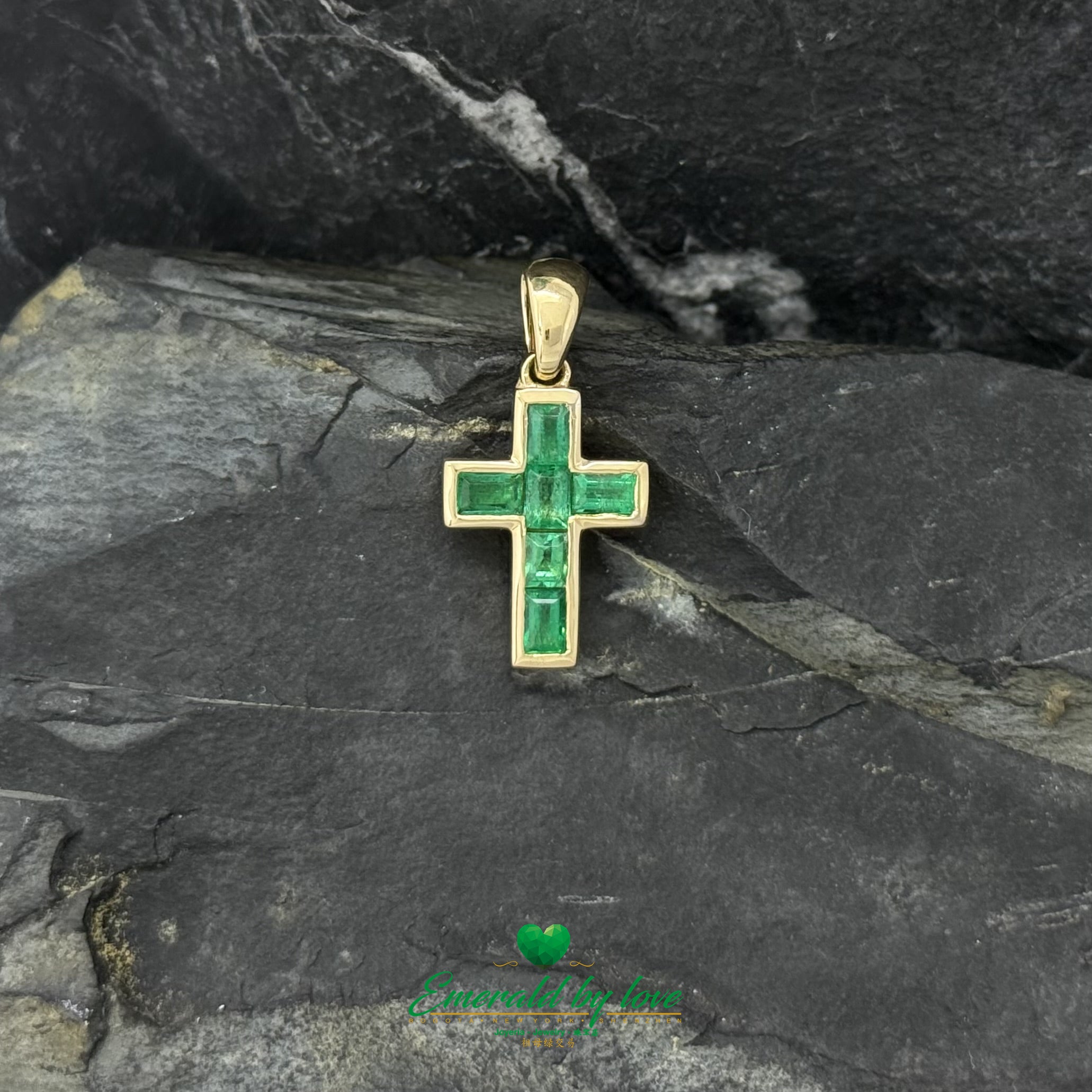 Small 18K Yellow Gold Cross with Bezel-Set Baguette Emeralds