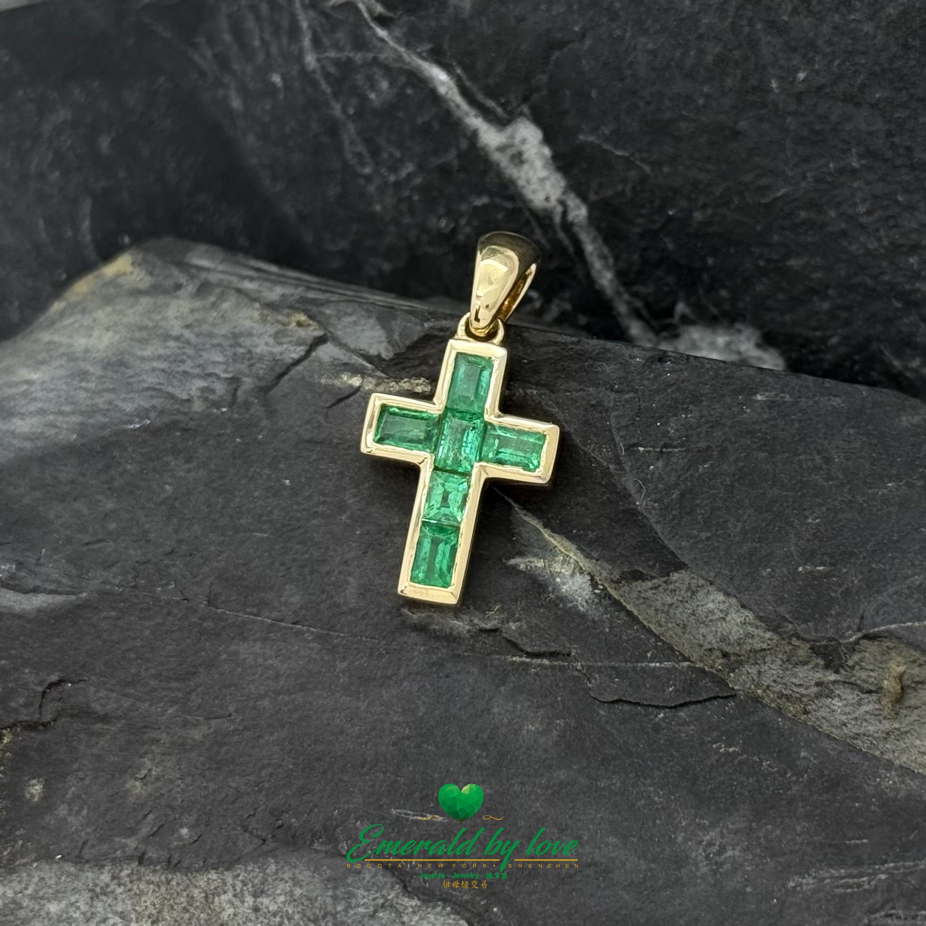 Small 18K Yellow Gold Cross with Bezel-Set Baguette Emeralds