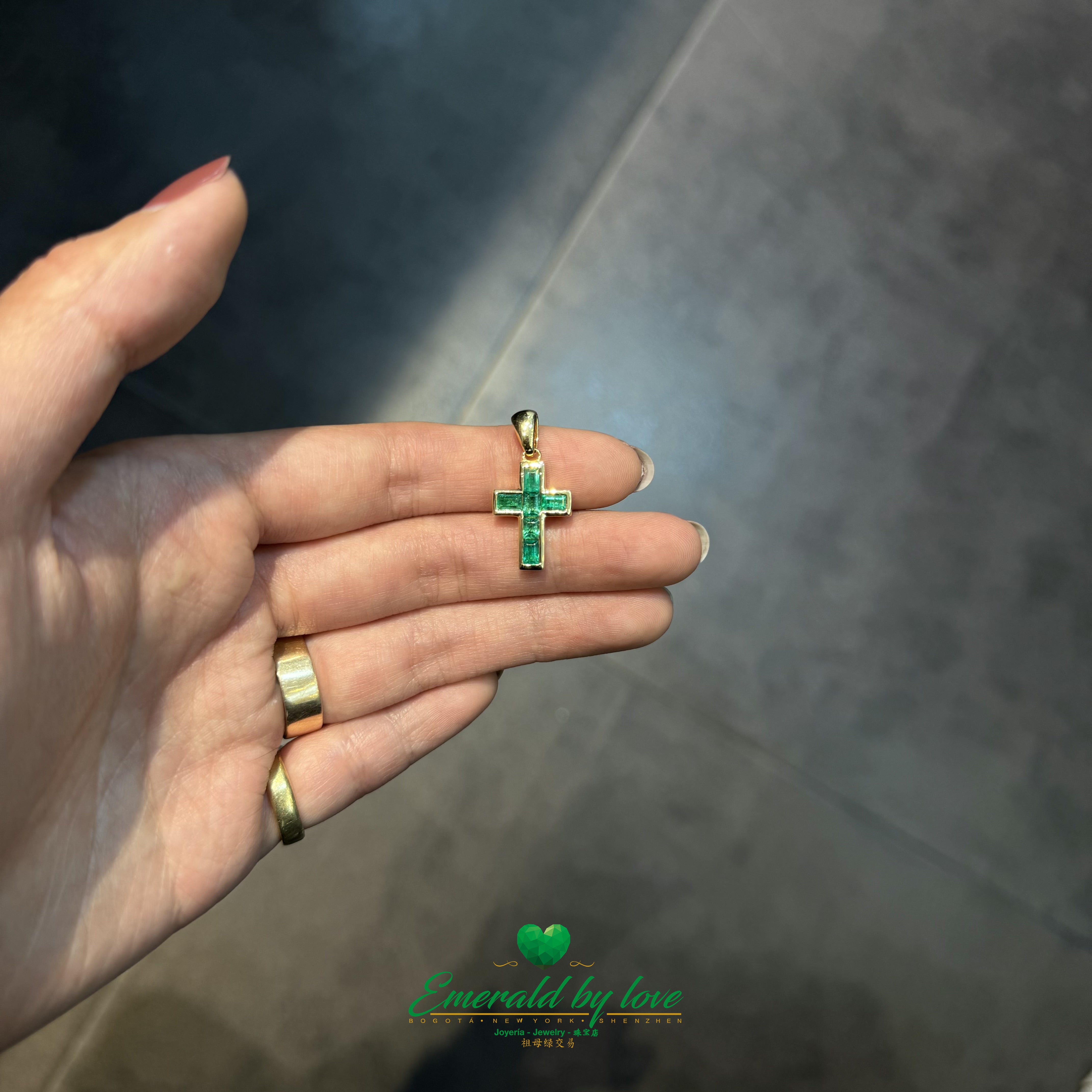 Small 18K Yellow Gold Cross with Bezel-Set Baguette Emeralds