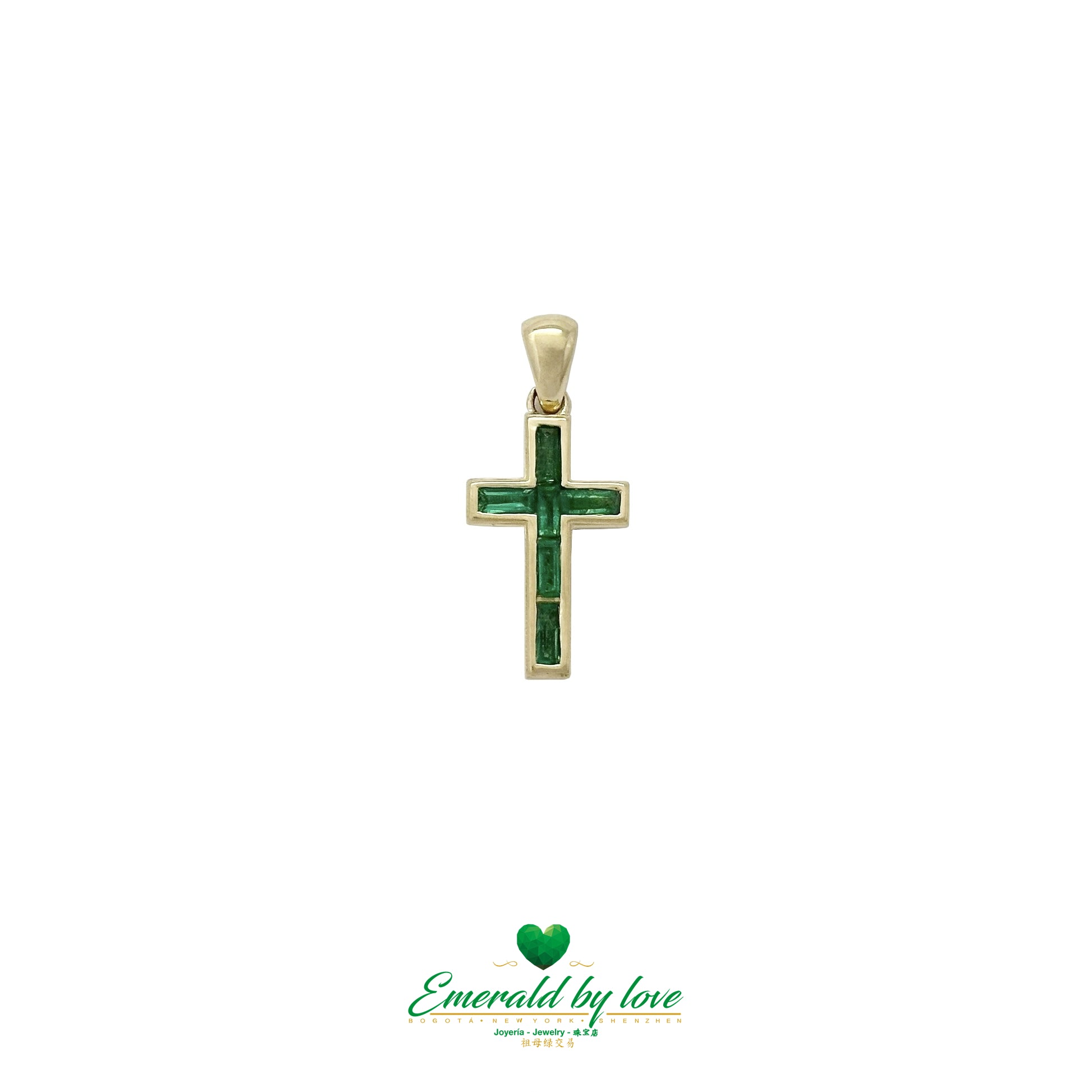 Long 18K Yellow Gold Cross with Bezel-Set Baguette Emeralds