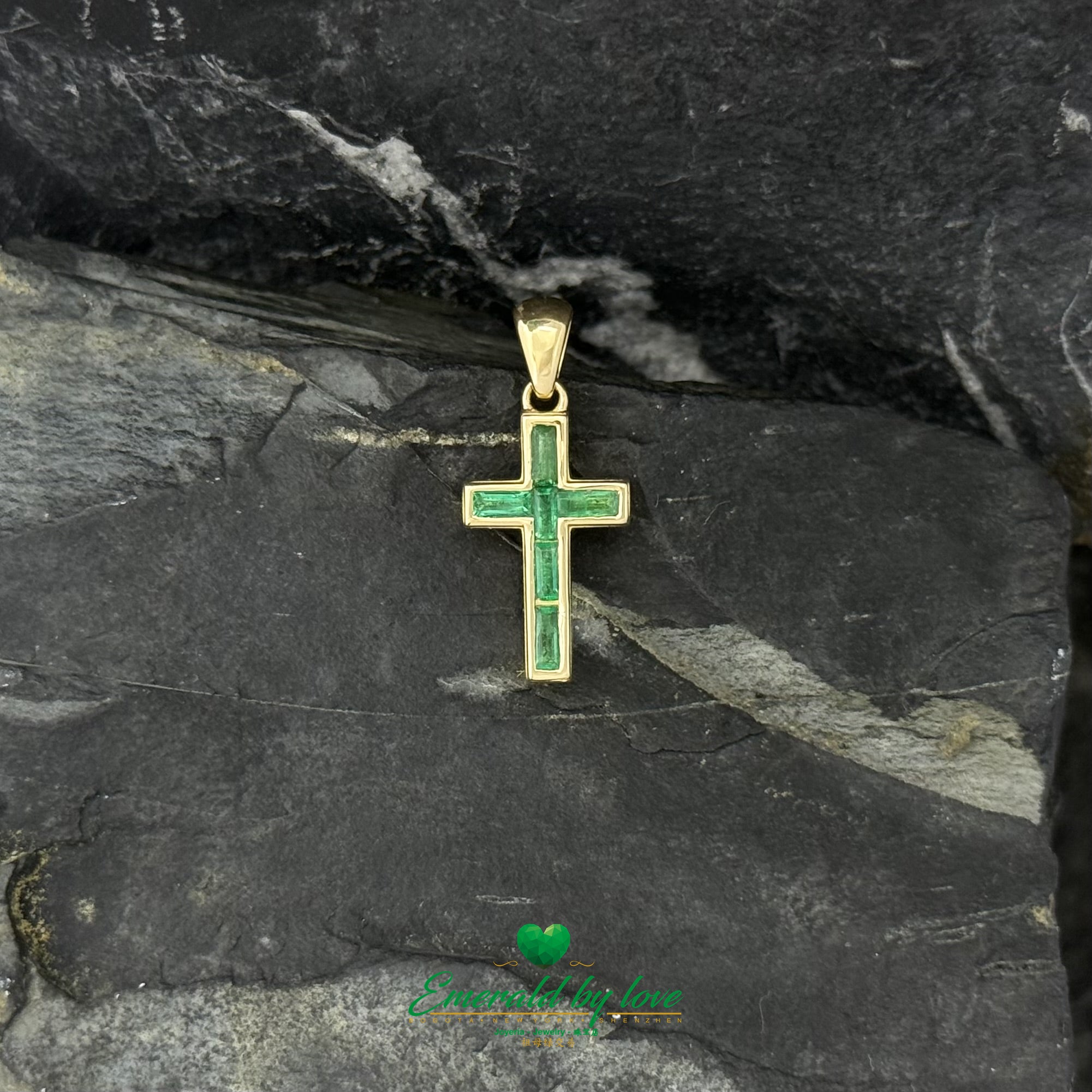 Long 18K Yellow Gold Cross with Bezel-Set Baguette Emeralds