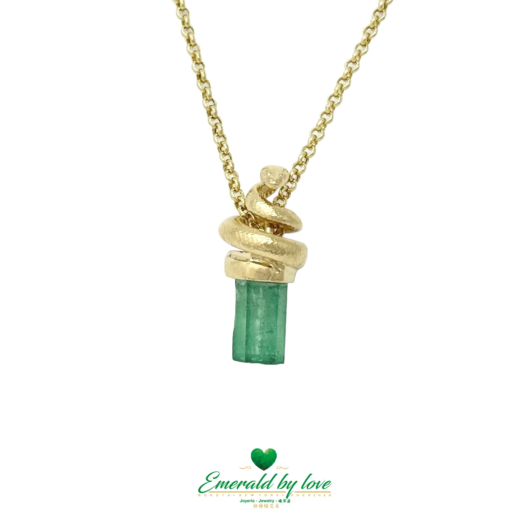 18K Yellow Gold Snake Pendant with Inlaid Emerald Beads