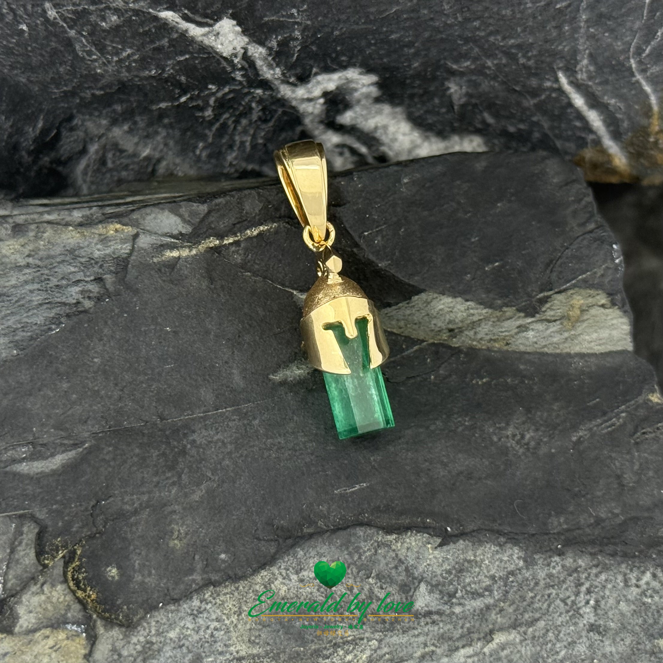 18K Yellow Gold Gladiator Helmet Pendant with Colombian Emerald