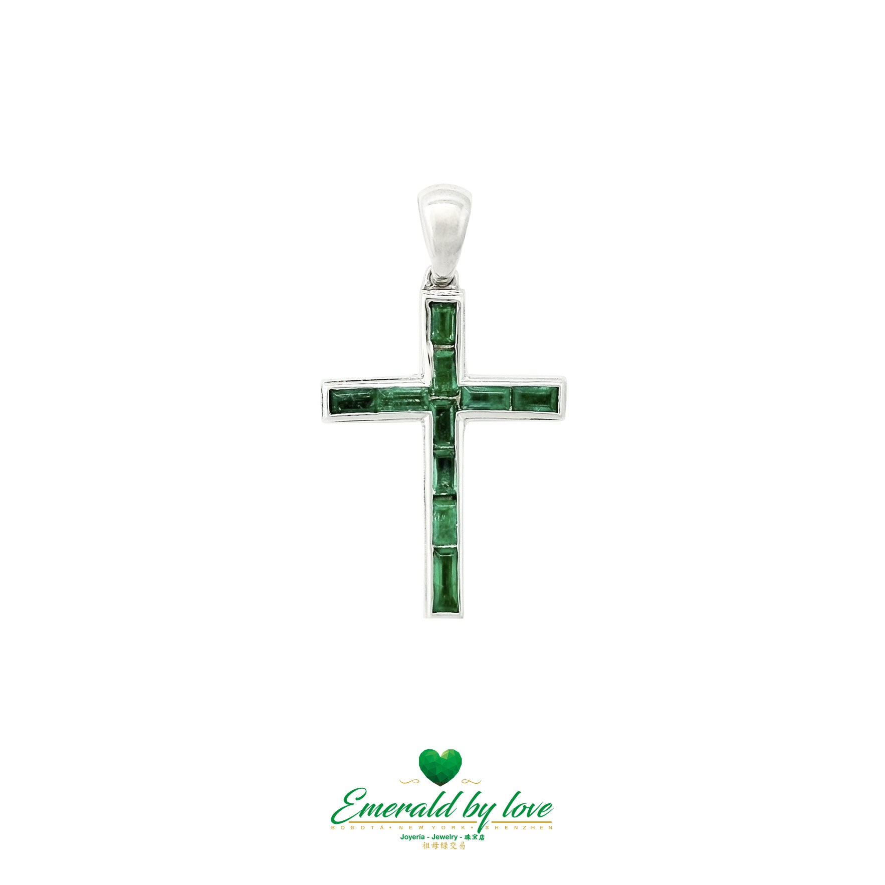 18K White Gold Cross Pendant with Baguette Colombian Emerald