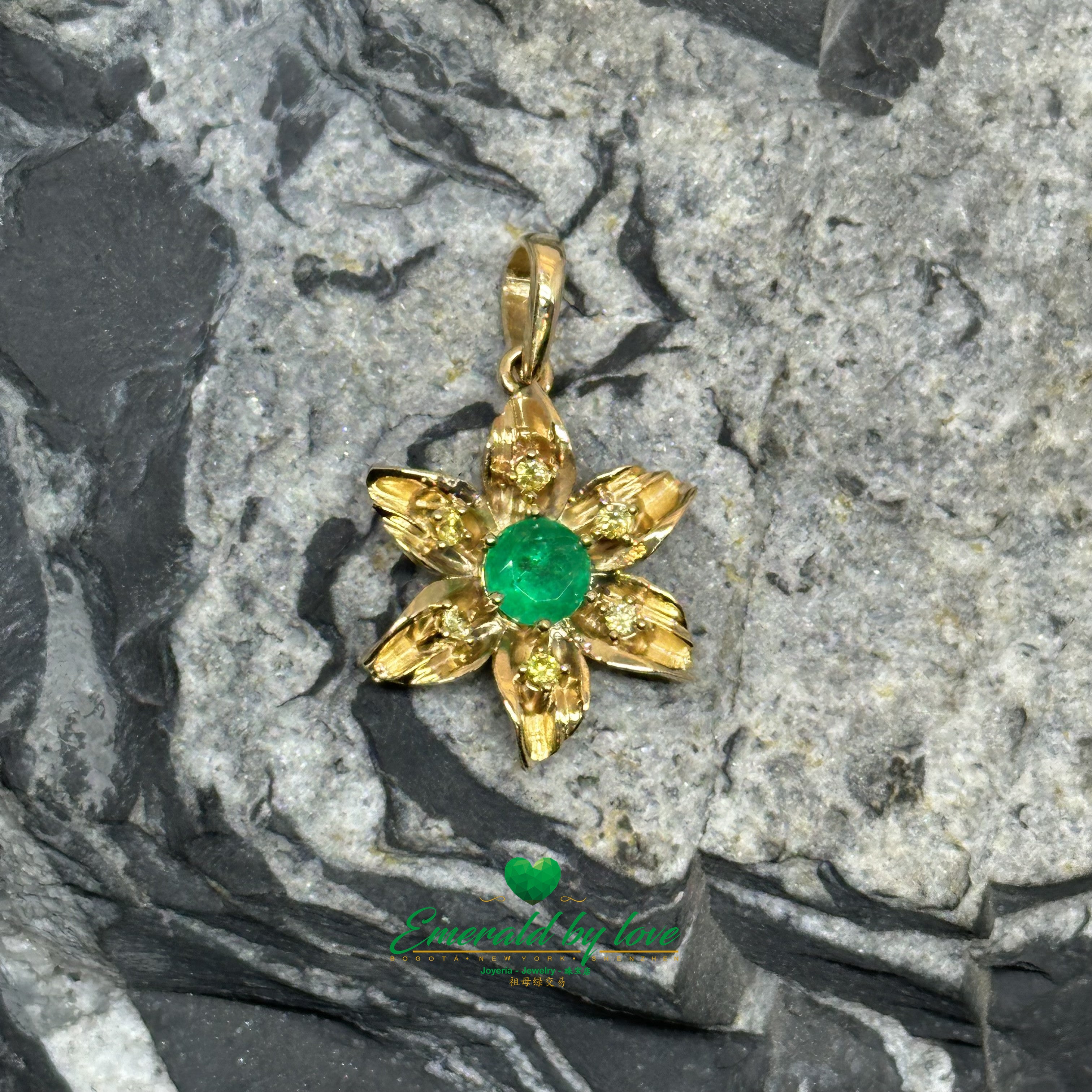 Medium-Sized Sunflower Pendant with Central Emerald and Yellow Diamond Petals