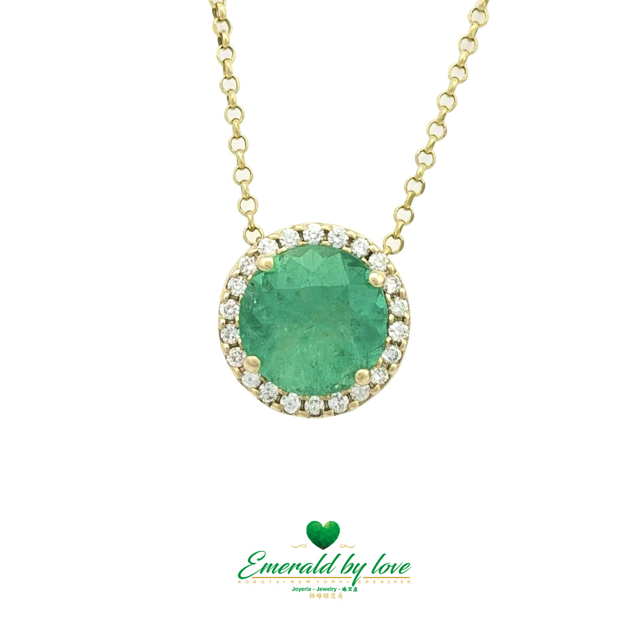 Yellow Gold Pendant with 6.26 ct Round Emerald and Diamonds