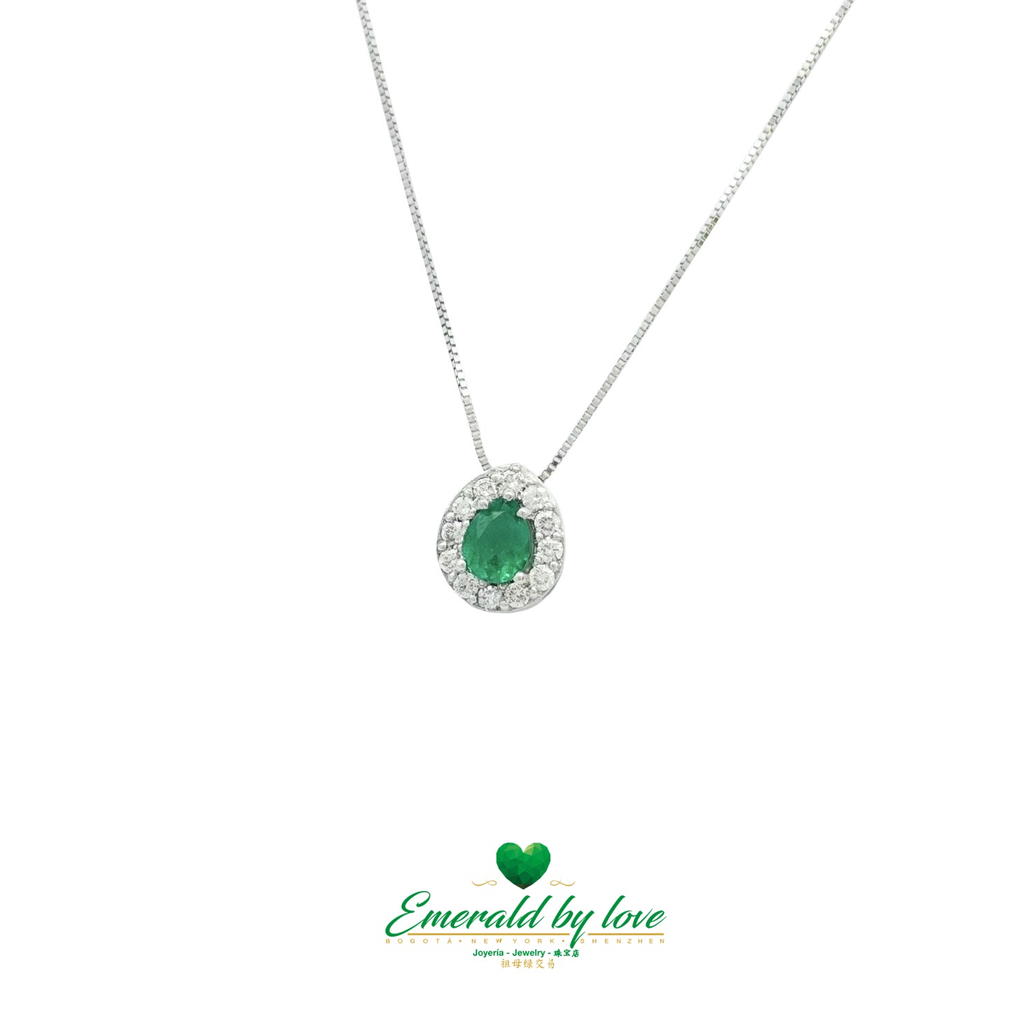 White Gold Cluster Pendant with Pear-Shaped Emerald and Diamonds