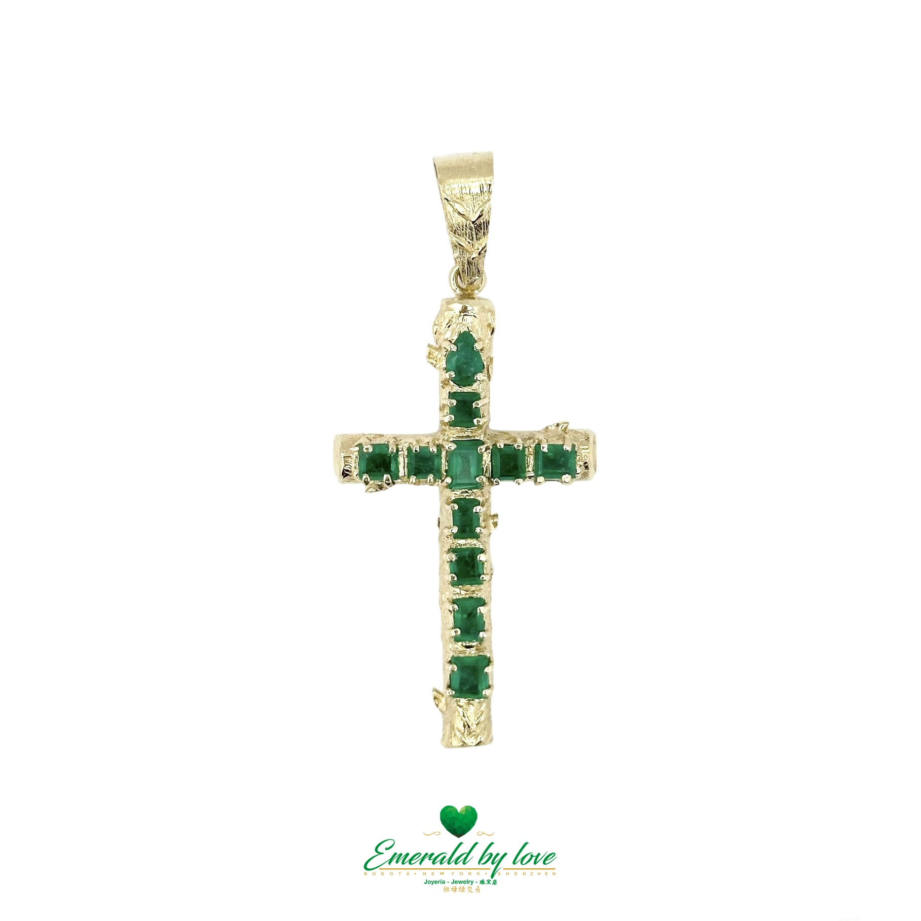 Radiant Yellow Gold Cross with Colored Colombian Emeralds |