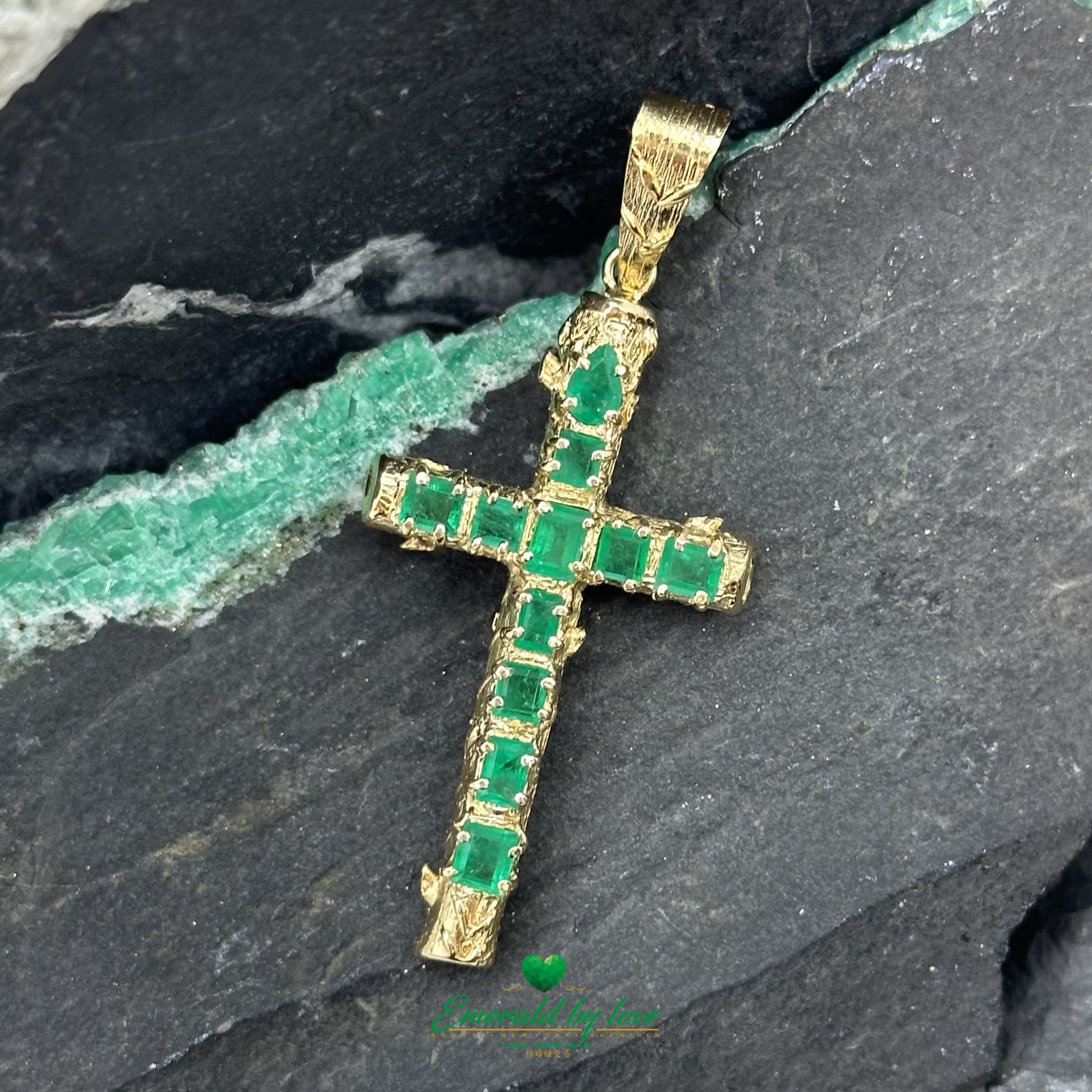 Radiant Yellow Gold Cross with Colored Colombian Emeralds |