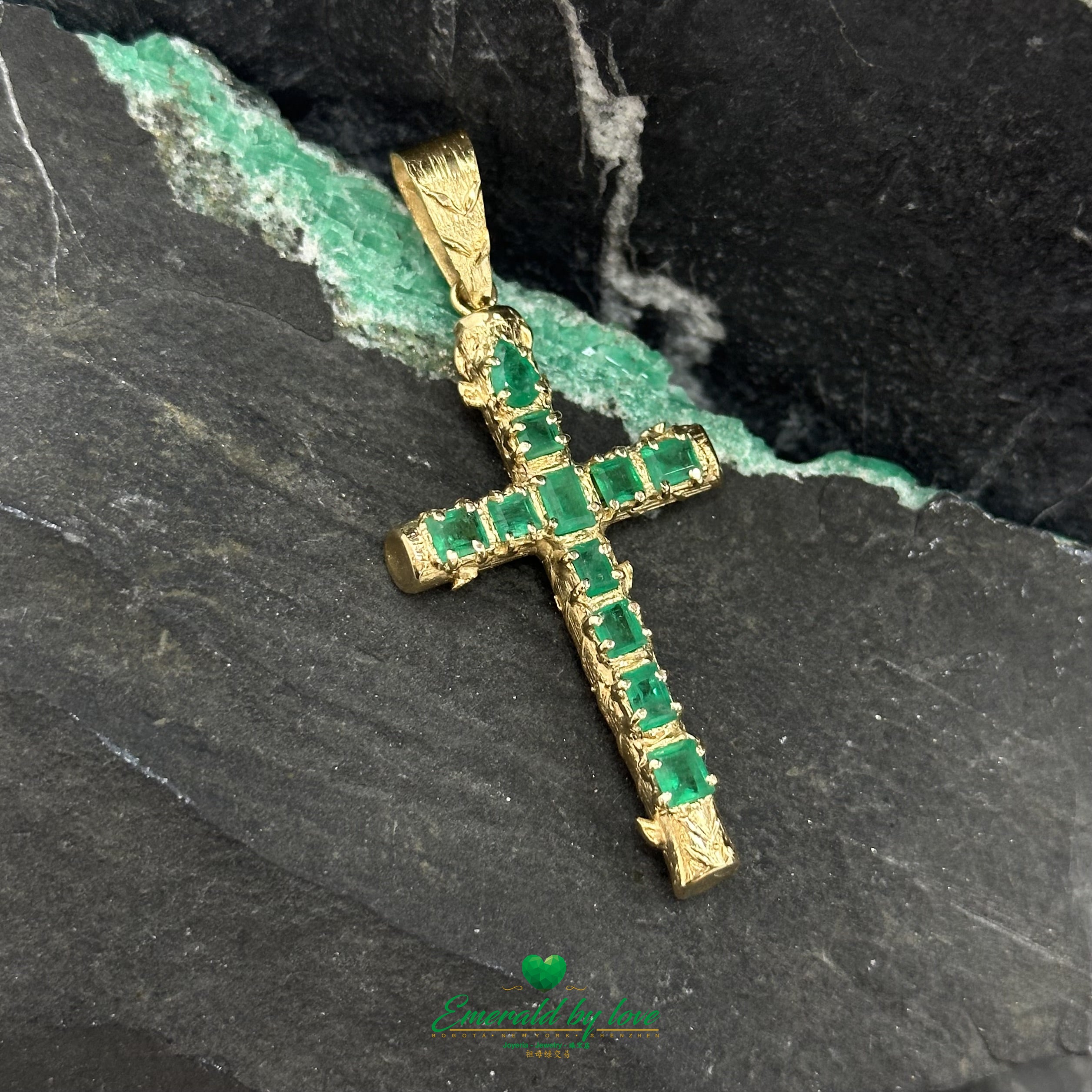 Radiant Yellow Gold Cross with Colored Colombian Emeralds |