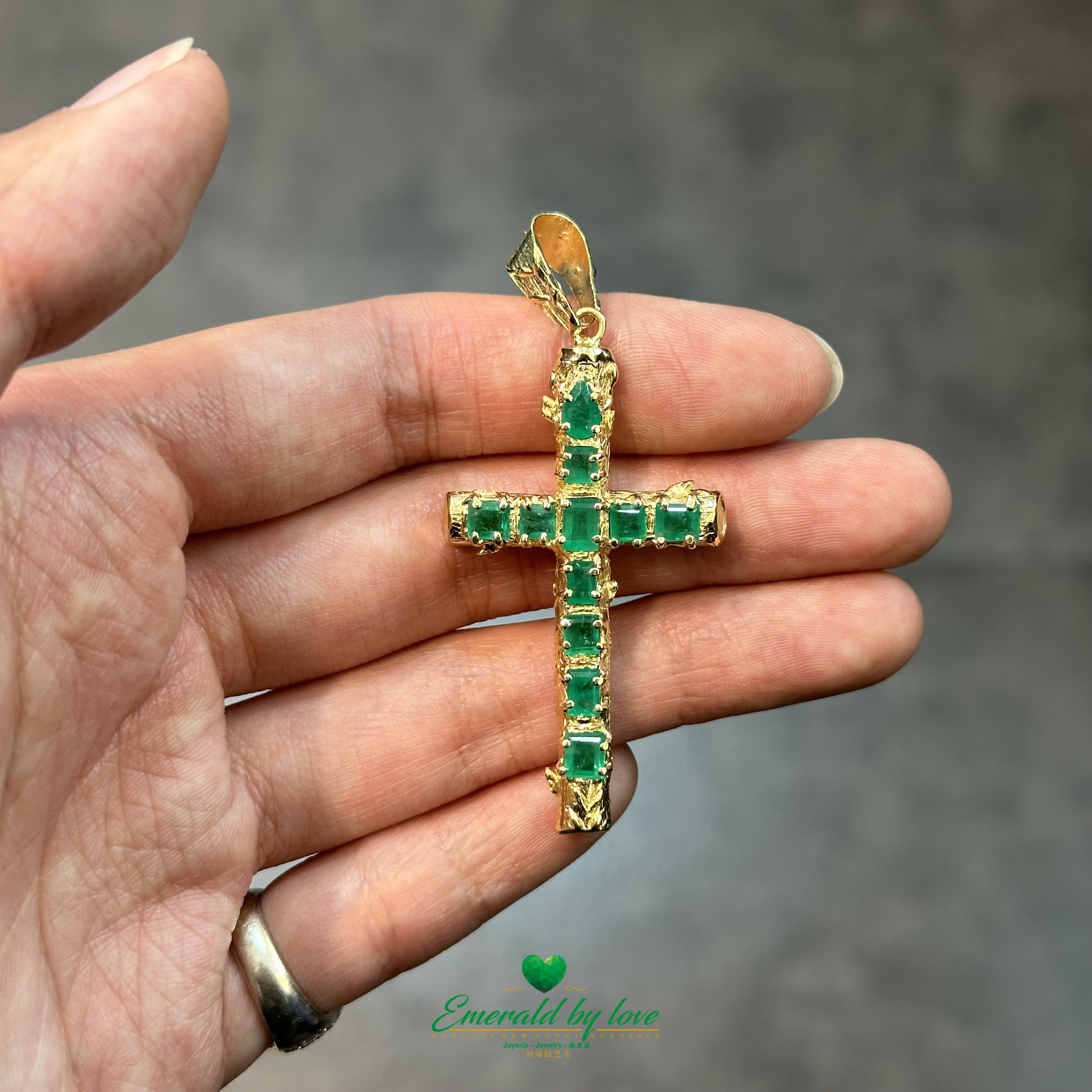 Radiant Yellow Gold Cross with Colored Colombian Emeralds |