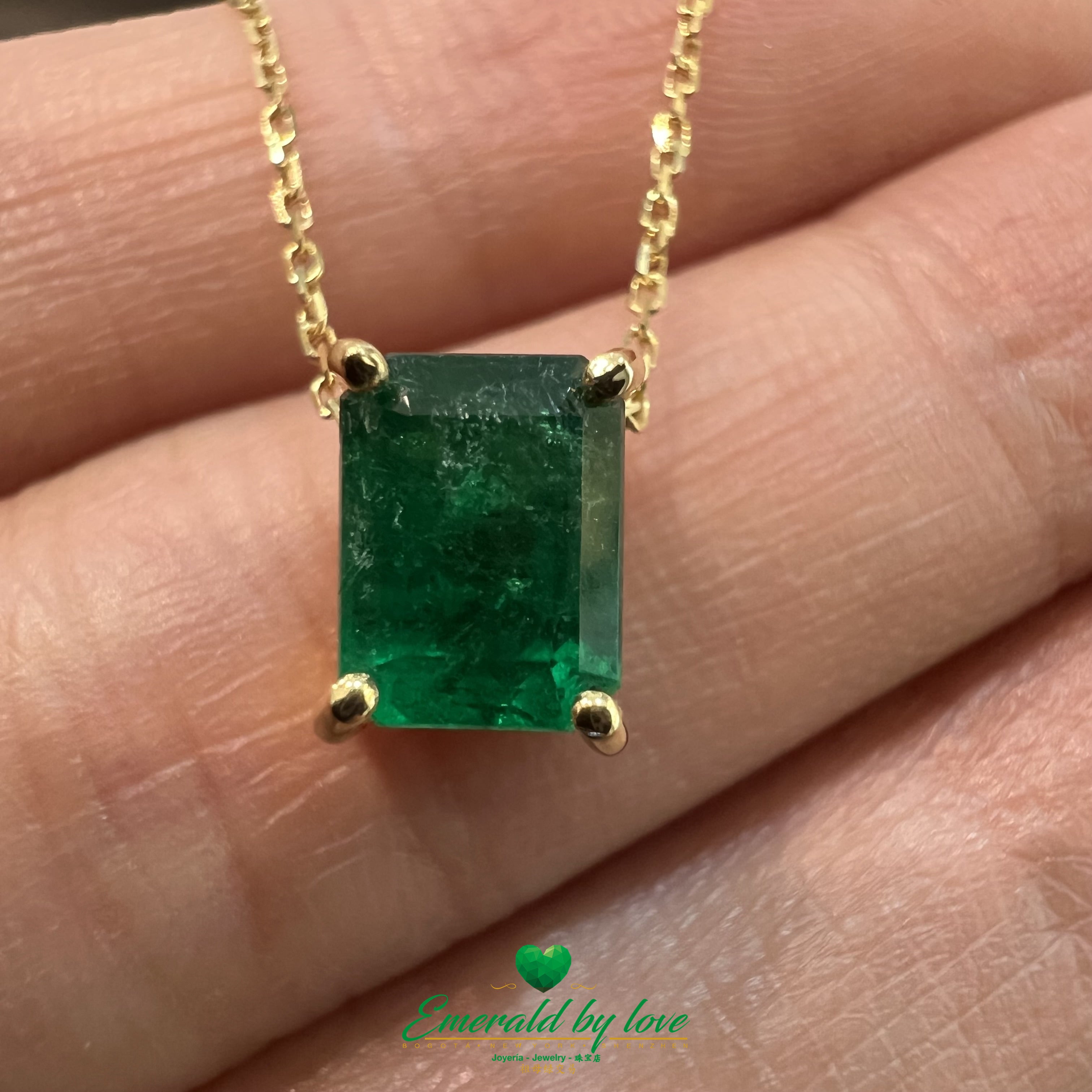 Singular Design Yellow Gold Pendant with 1.07ct Rectangular Emerald