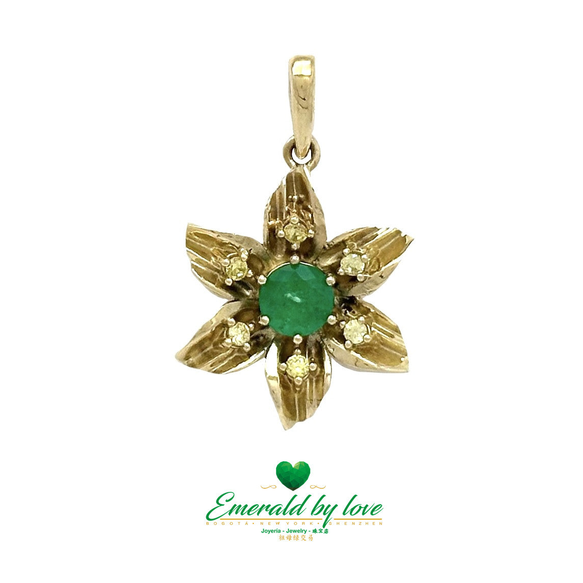 Medium-Sized Sunflower Pendant with Central Emerald and Yellow Diamond Petals