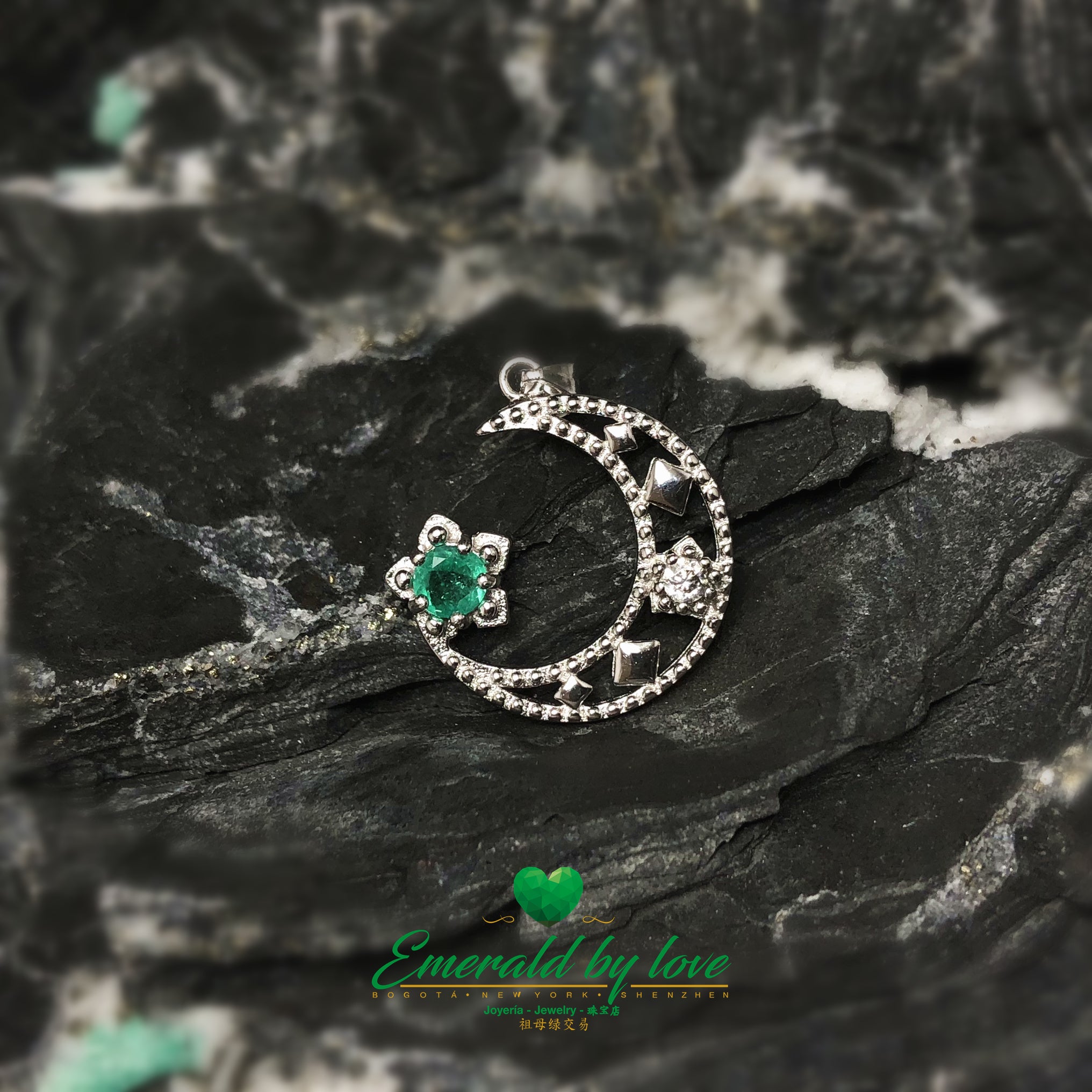 Crescent Moon Pendant with Star Zirconia Accents and Round Emerald