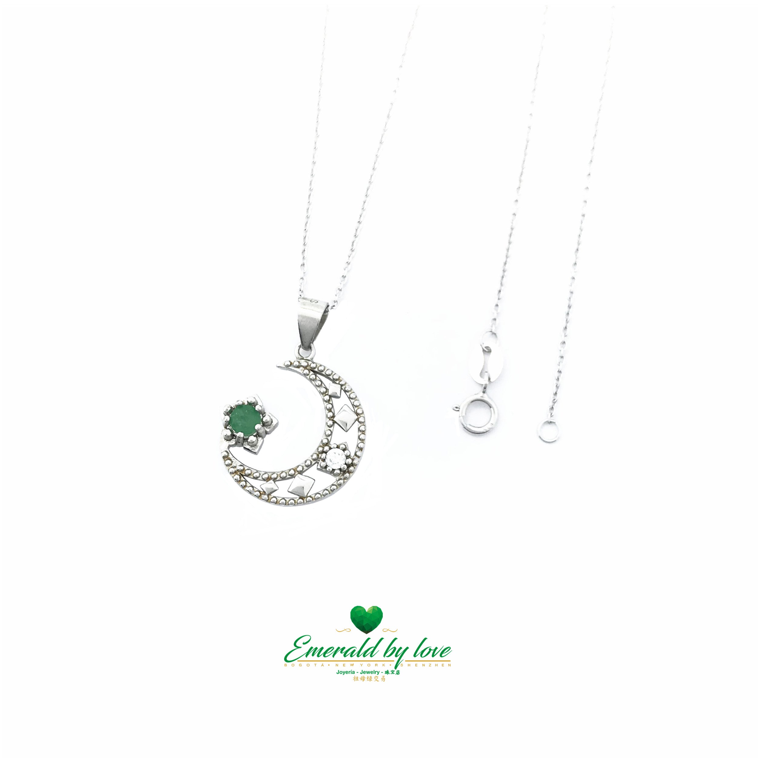 Crescent Moon Pendant with Star Zirconia Accents and Round Emerald