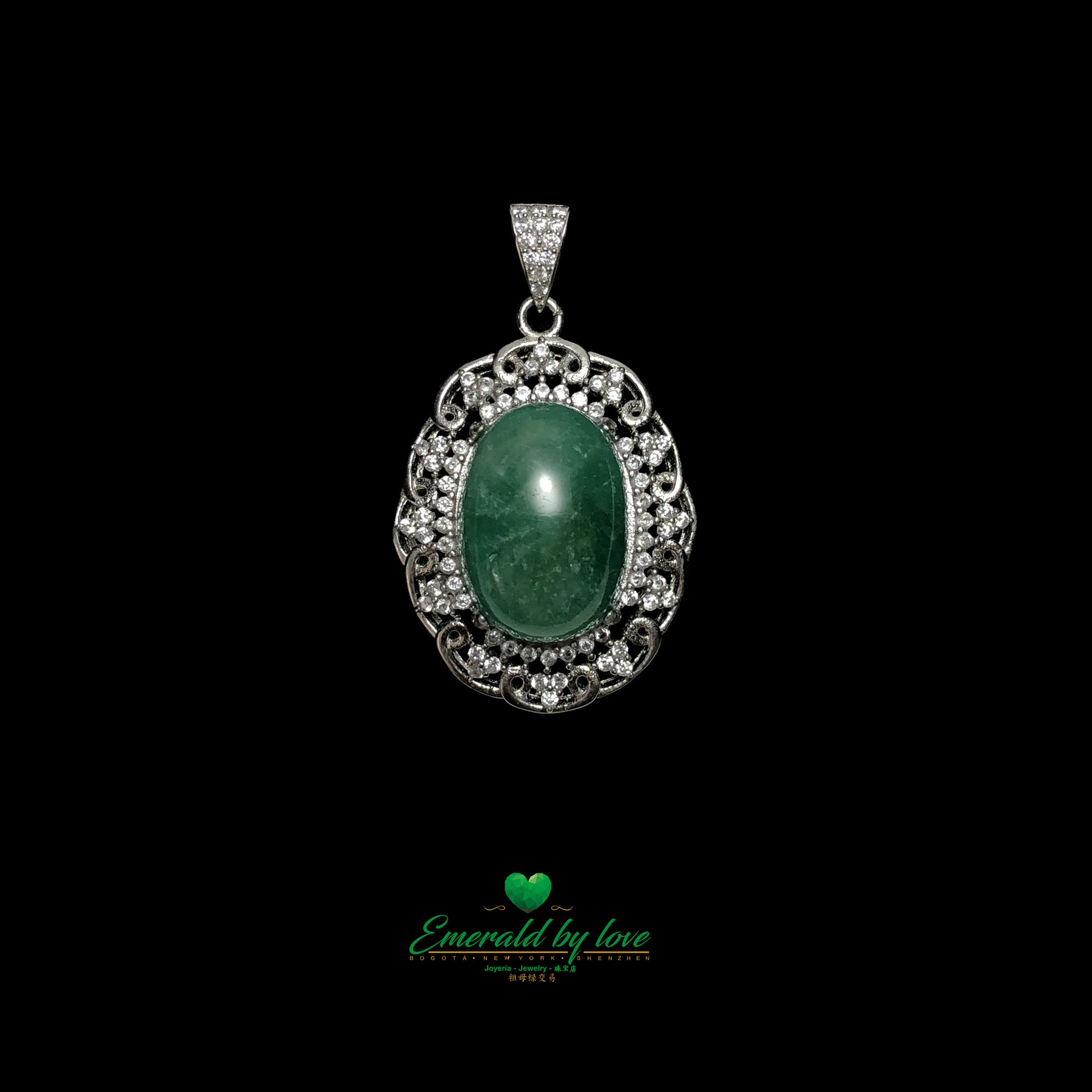 Vintage-Style Pendant with Oval Cabochon Emerald and Ornate Scrollwork