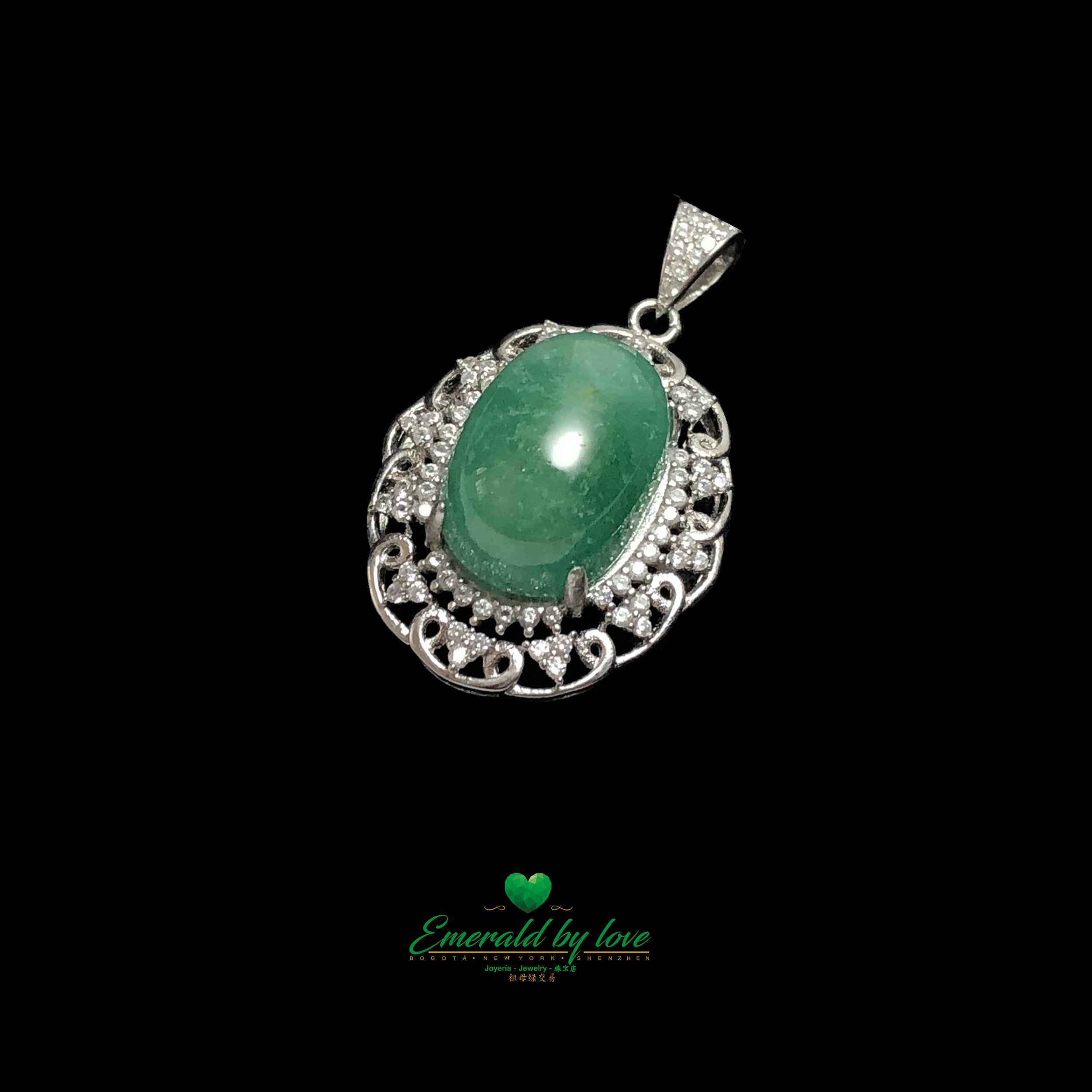 Vintage-Style Pendant with Oval Cabochon Emerald and Ornate Scrollwork