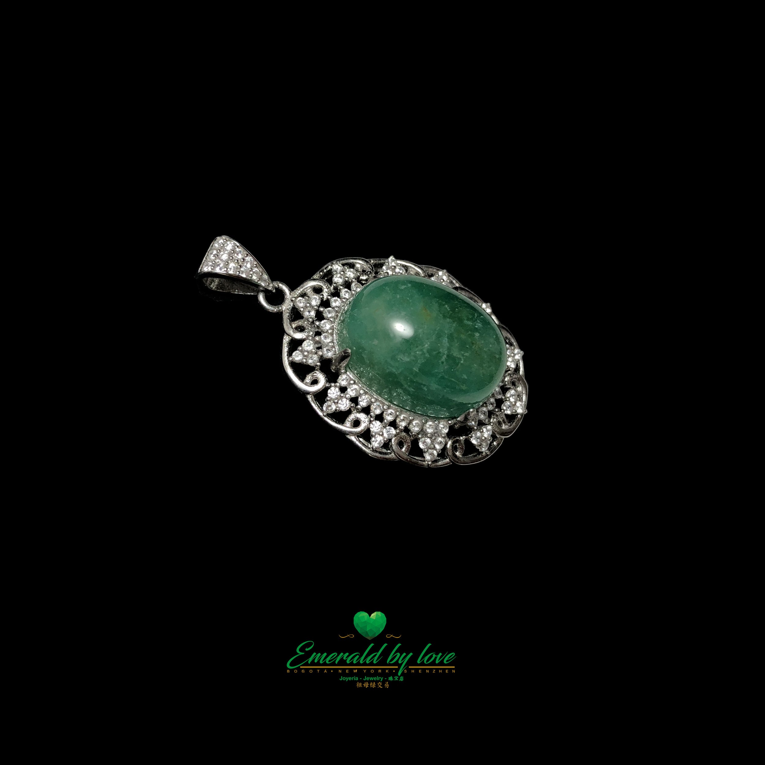 Vintage-Style Pendant with Oval Cabochon Emerald and Ornate Scrollwork