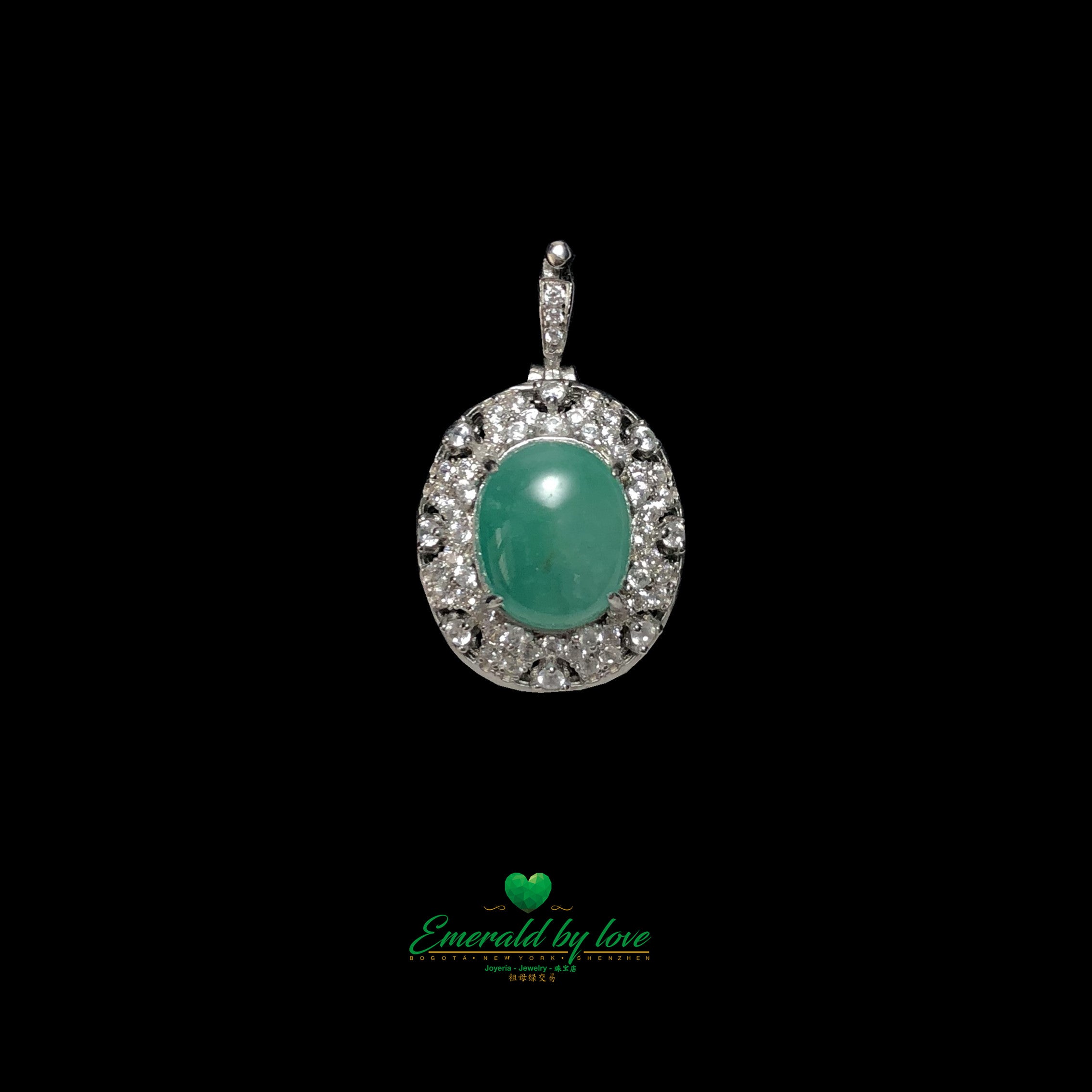 Pendant with Round Cabochon Emerald and Elegant Arabesque Design