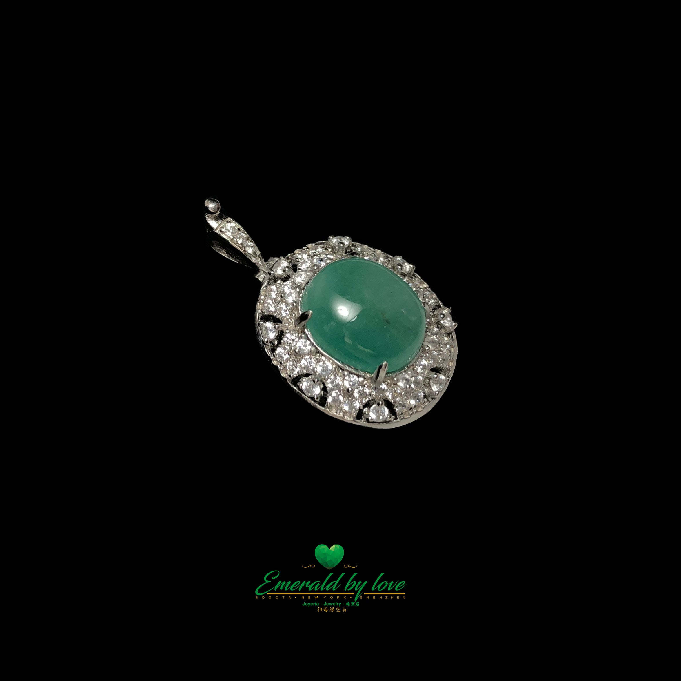 Pendant with Round Cabochon Emerald and Elegant Arabesque Design