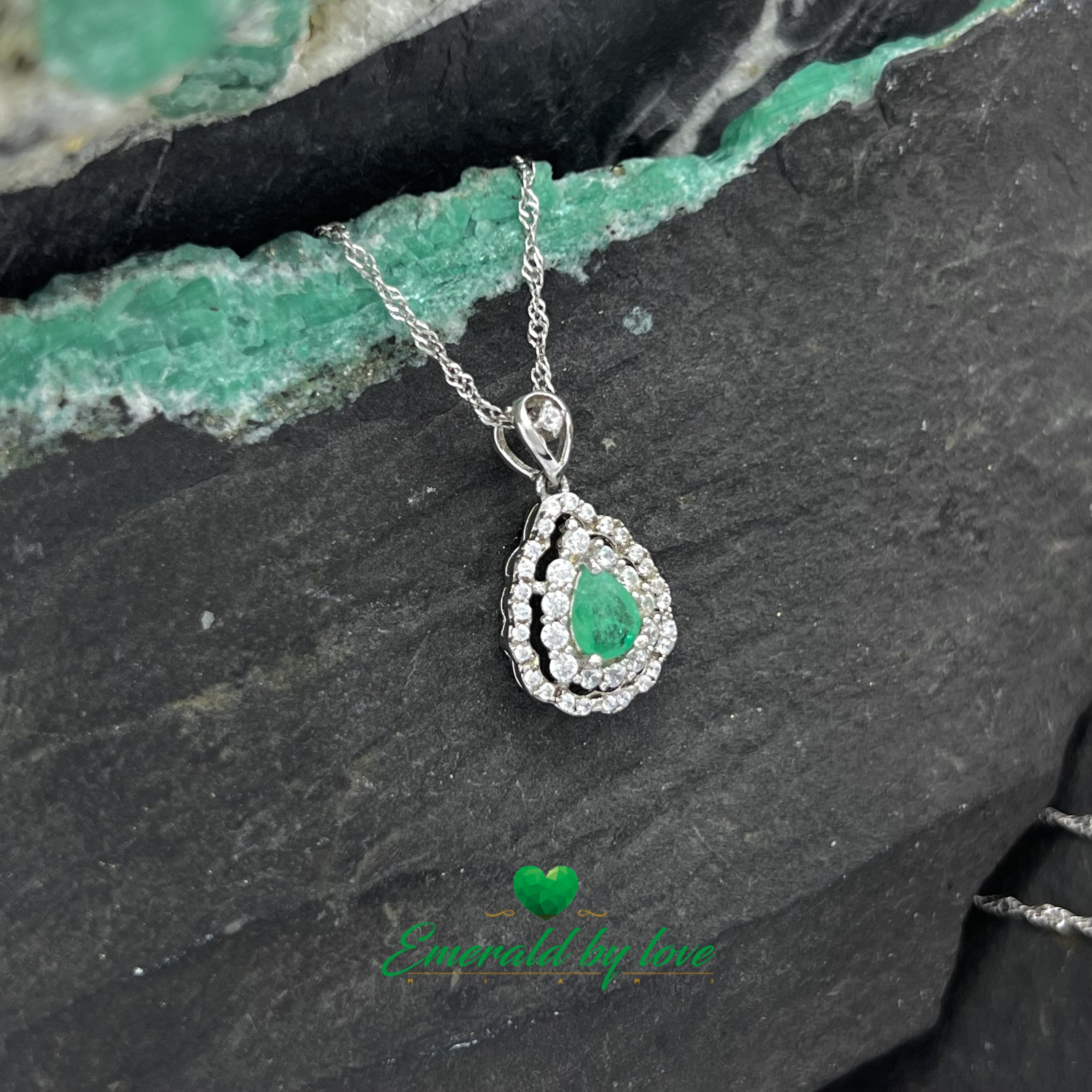 Marquis-Shape Silver Pendant with Central Teardrop Emerald and Zirconia Halo