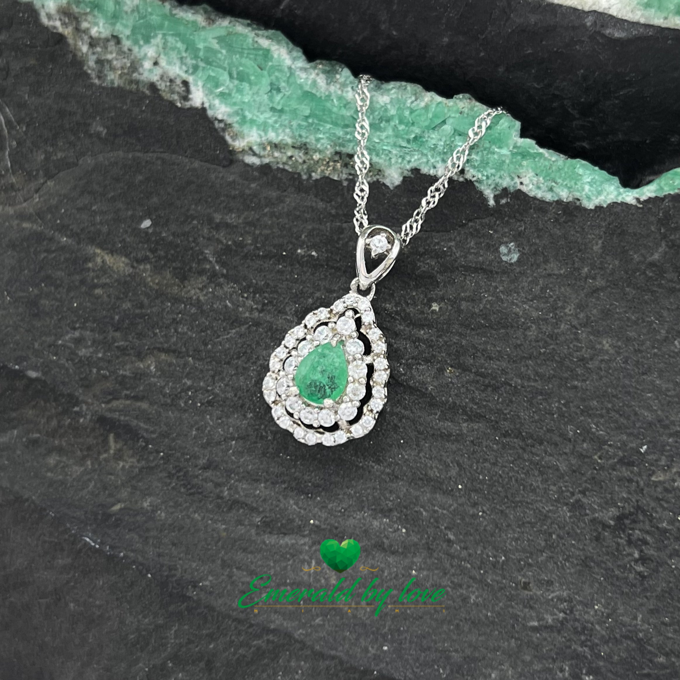 Marquis-Shape Silver Pendant with Central Teardrop Emerald and Zirconia Halo