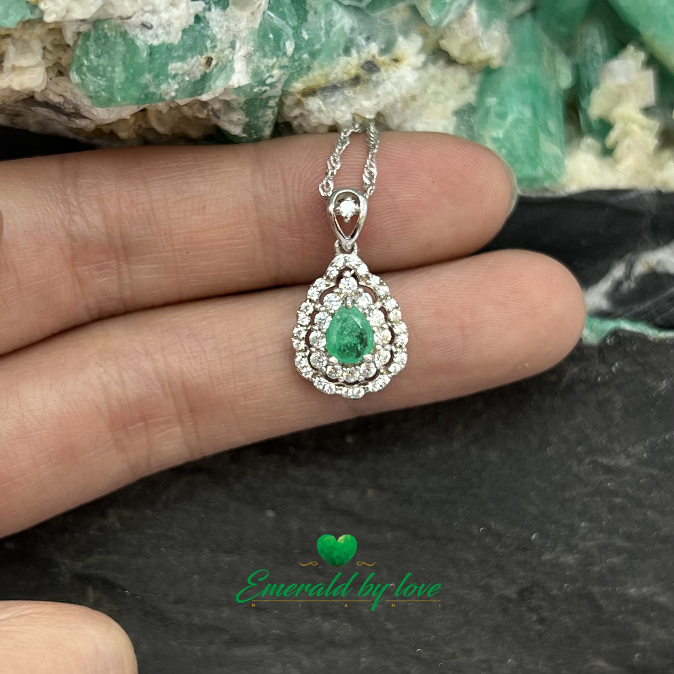 Marquis-Shape Silver Pendant with Central Teardrop Emerald and Zirconia Halo