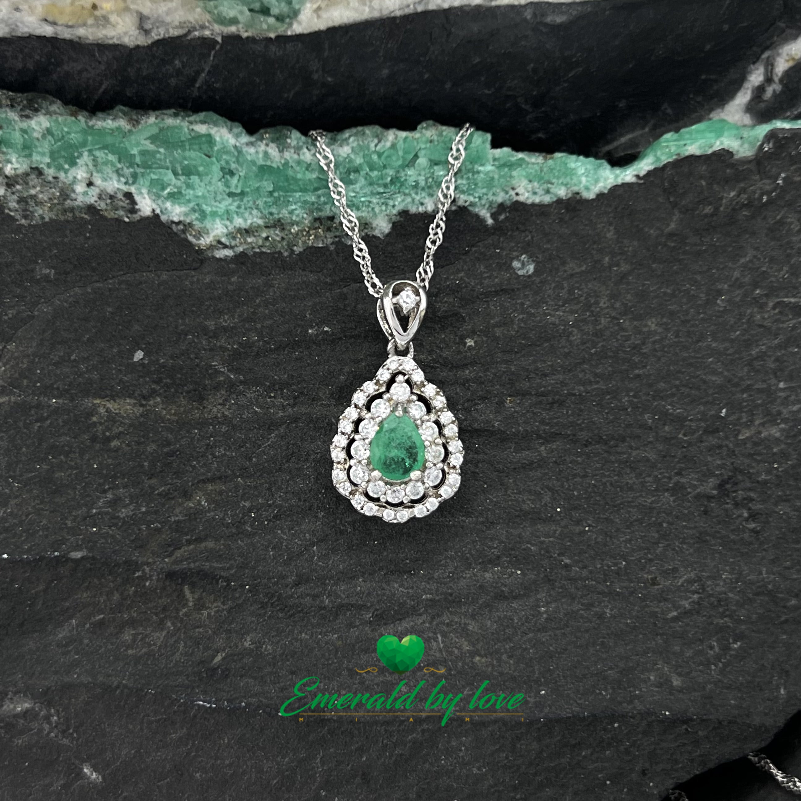 Marquis-Shape Silver Pendant with Central Teardrop Emerald and Zirconia Halo