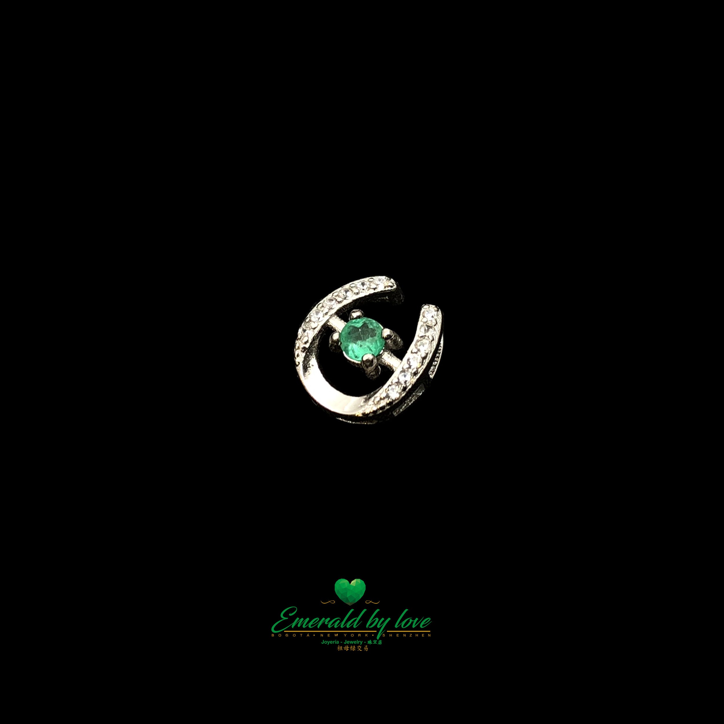 Horseshoe Pendant with Central Round Emerald in Vintage Design