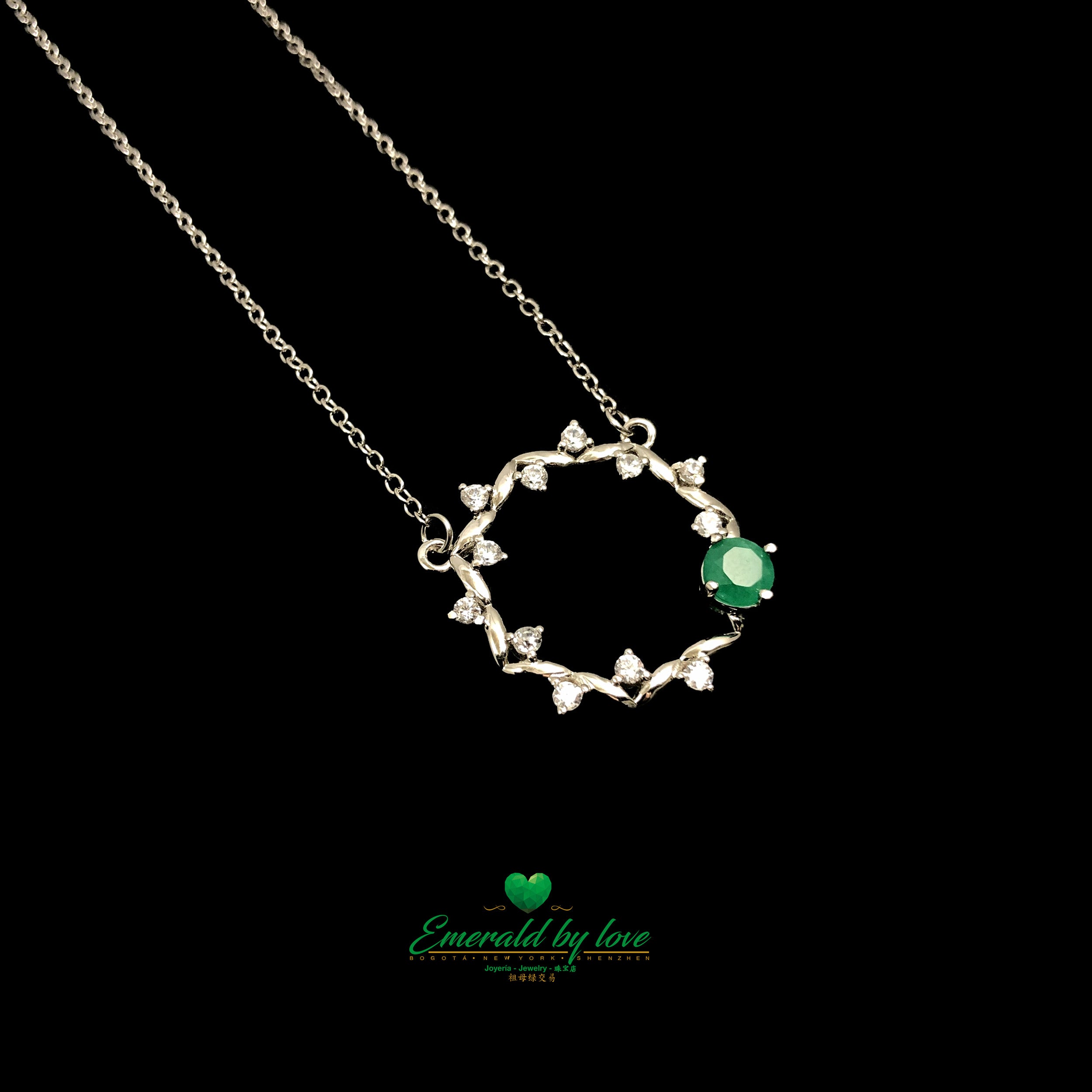 Round Vine-Inspired Pendant with Central Round Emerald