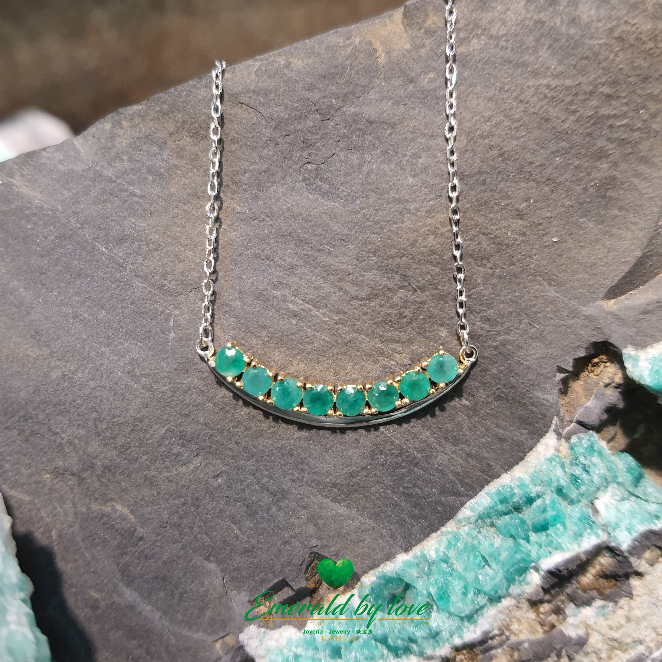 Sterling Silver Choker Necklace with Gold-Plated Prong Set Emeralds