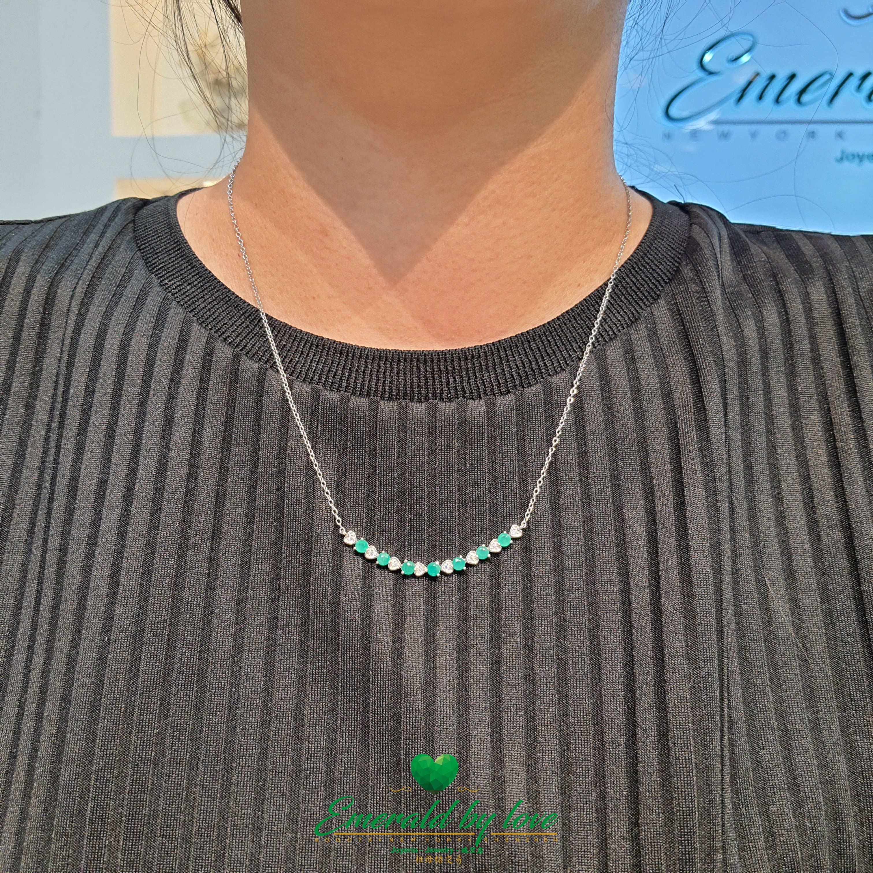 Silver Heart Choker Necklace with Emeralds and Cubic Zirconia