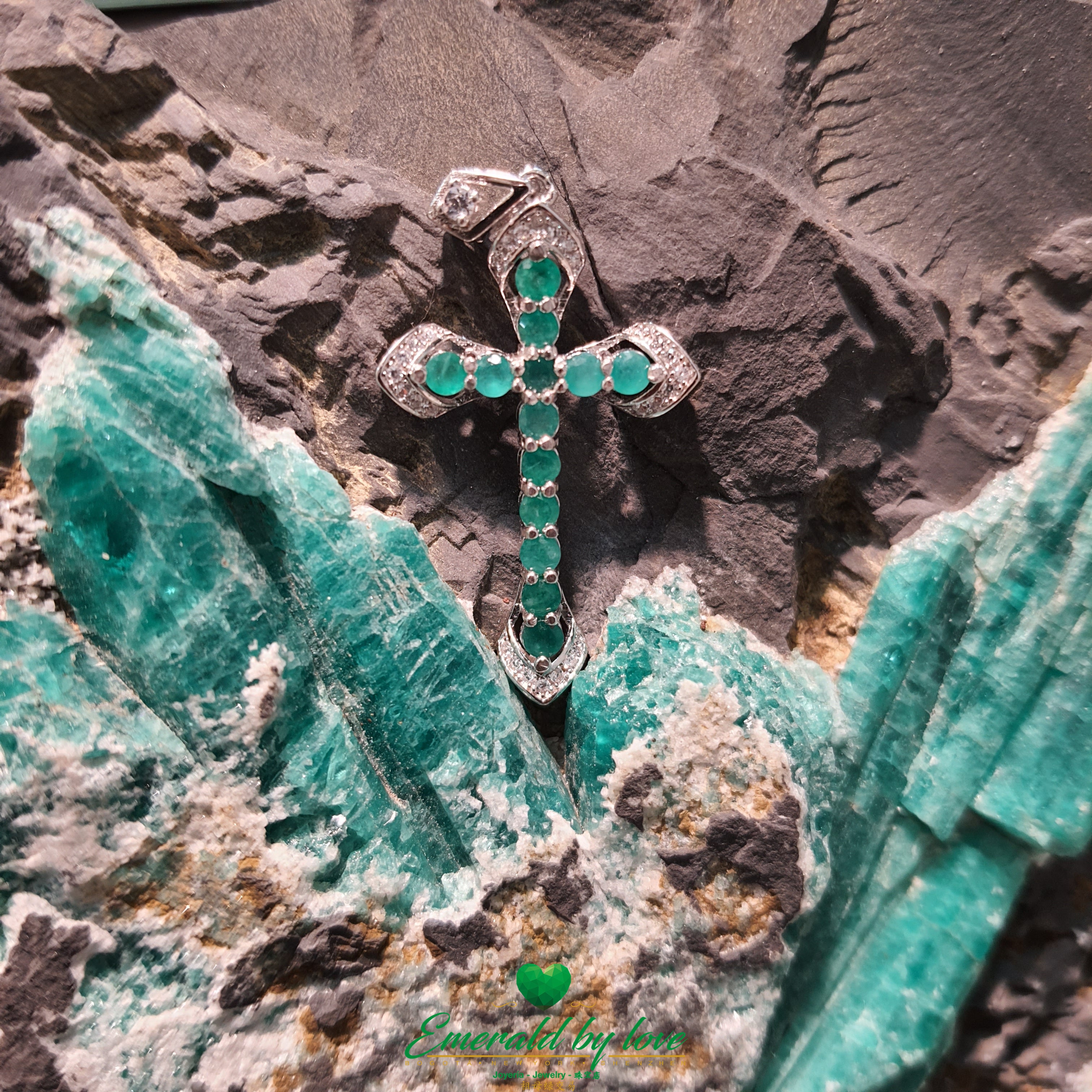 Silver Cross Pendant with Round Emeralds