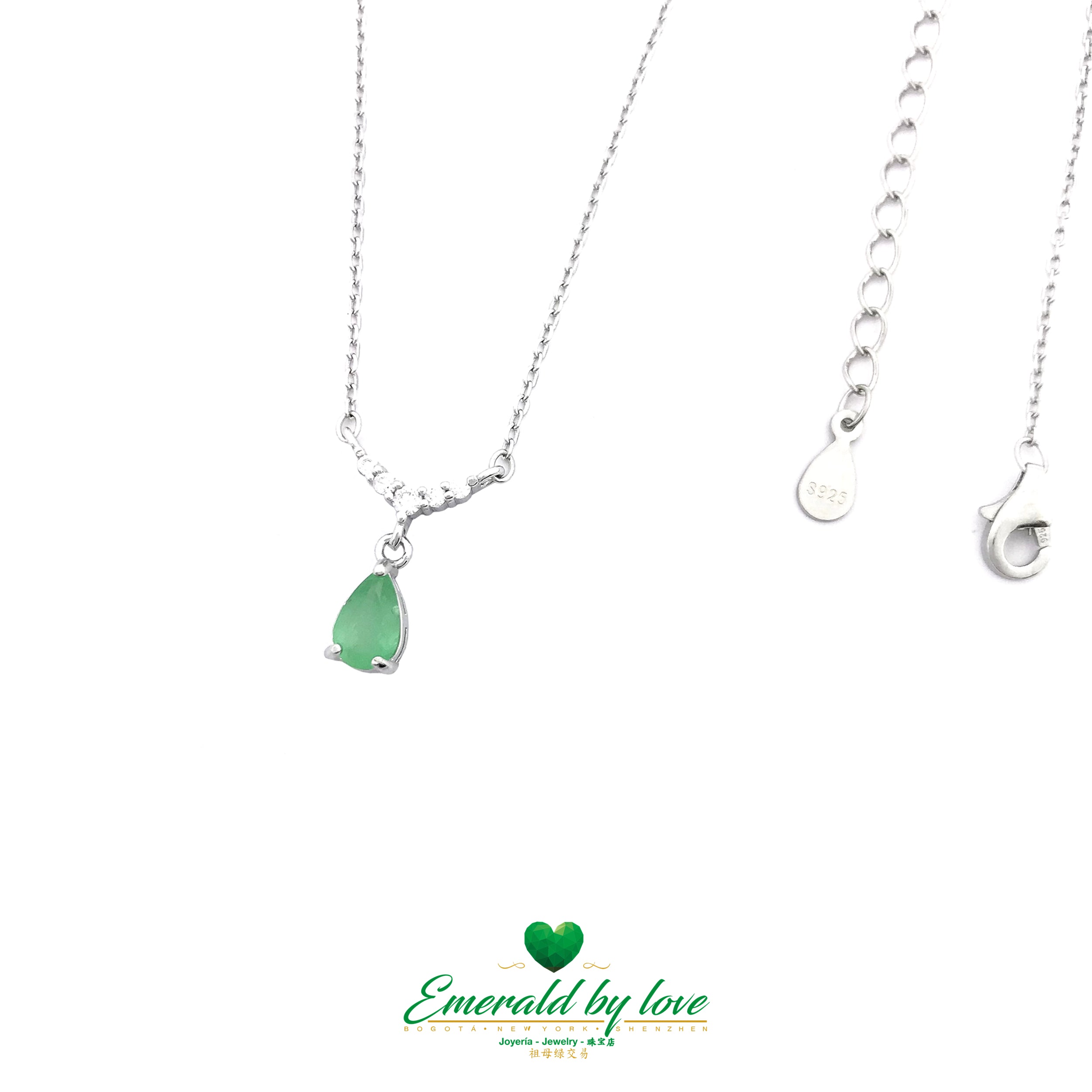 Silver Pendant with Tear-Shaped Crystal Emerald and Cubic Zirconia Accent