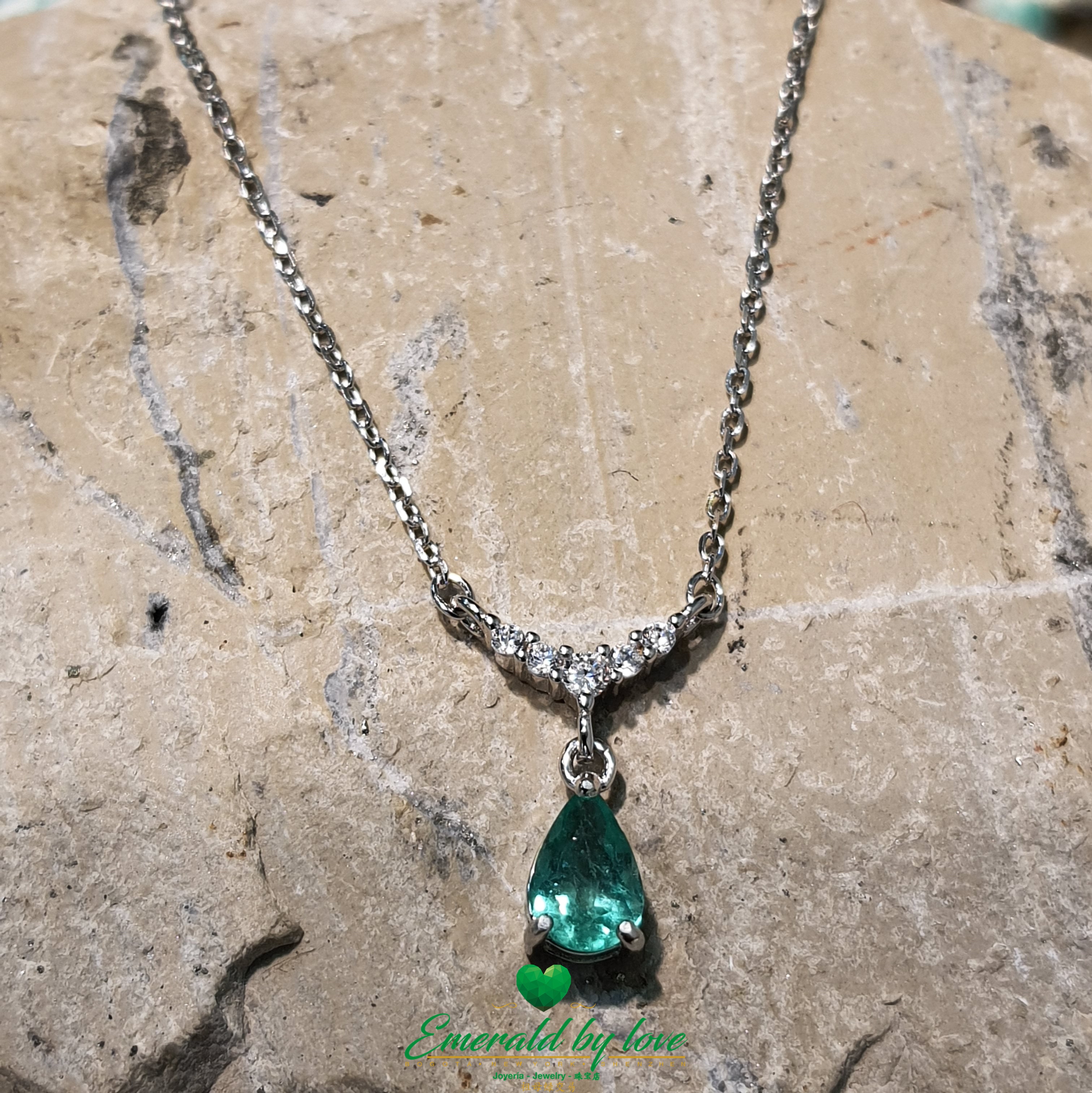 Silver Pendant with Tear-Shaped Crystal Emerald and Cubic Zirconia Accent