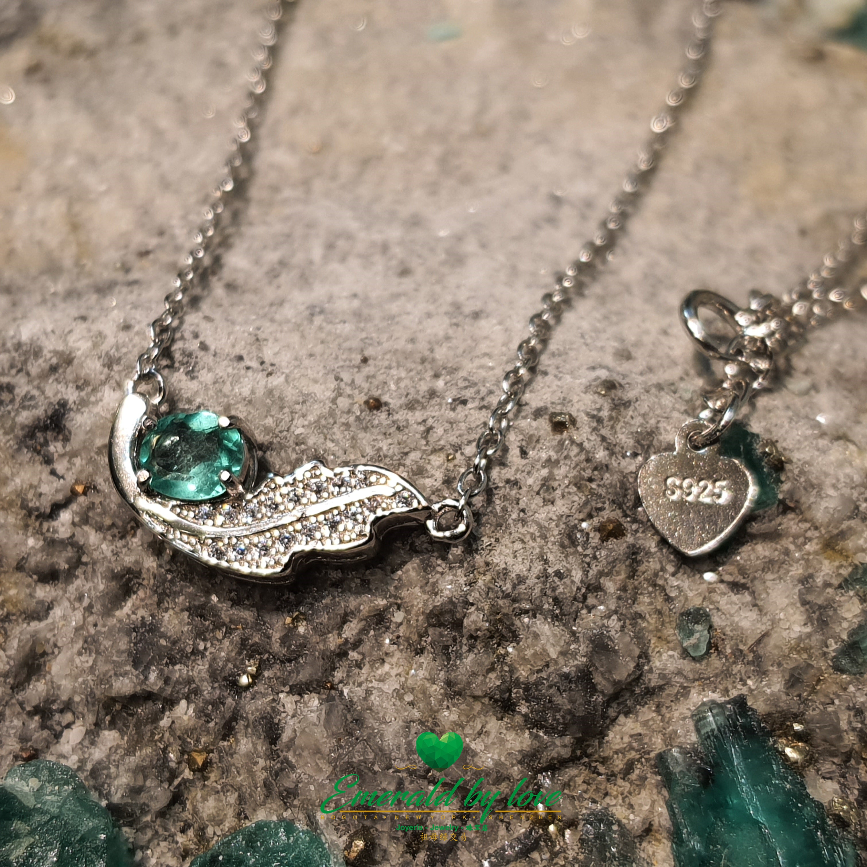 Delicate Feather Emerald Oval Pendant in Sterling Silver