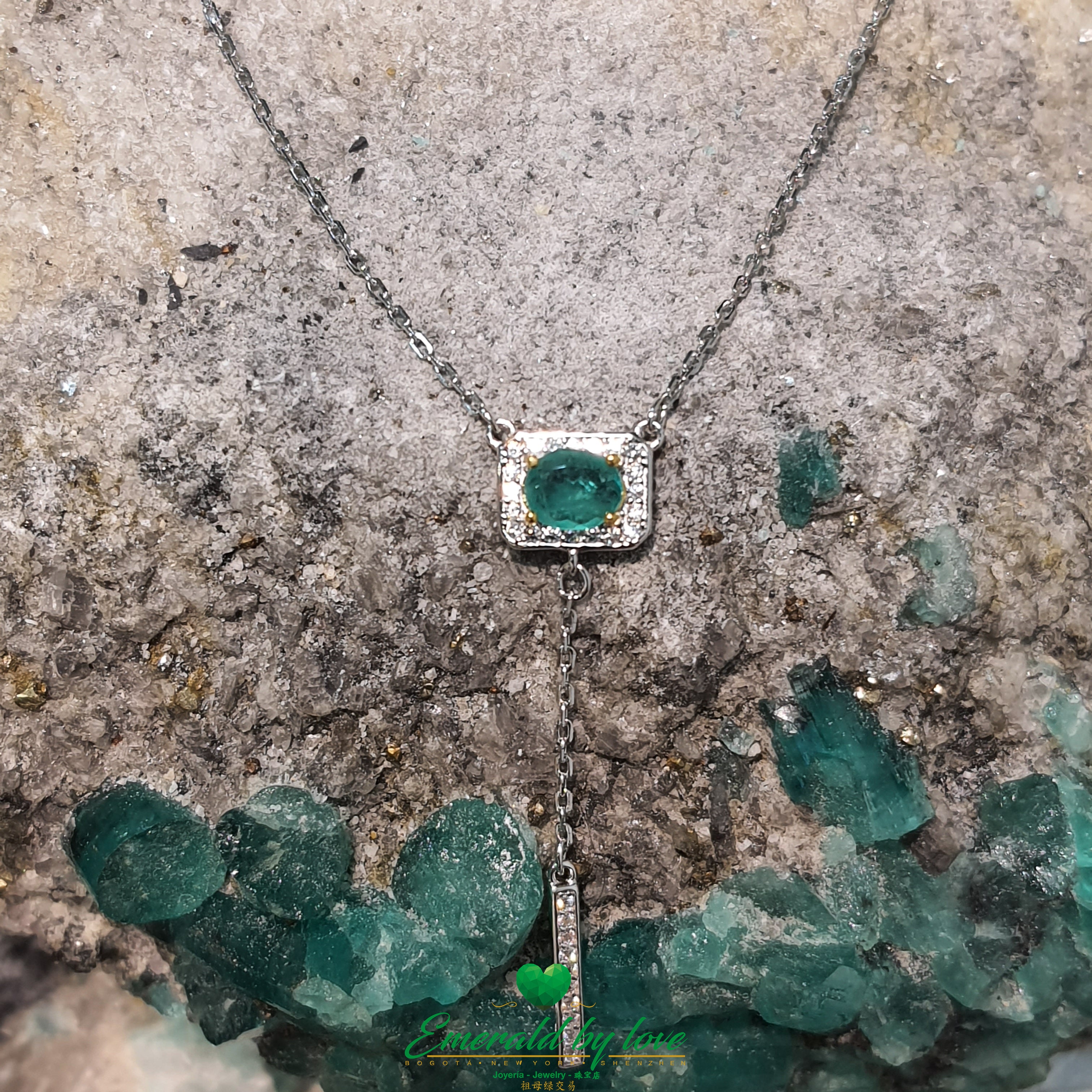 Rectangular Emerald Pendant with Hanging Cubic Zirconia Charm in Sterling Silver