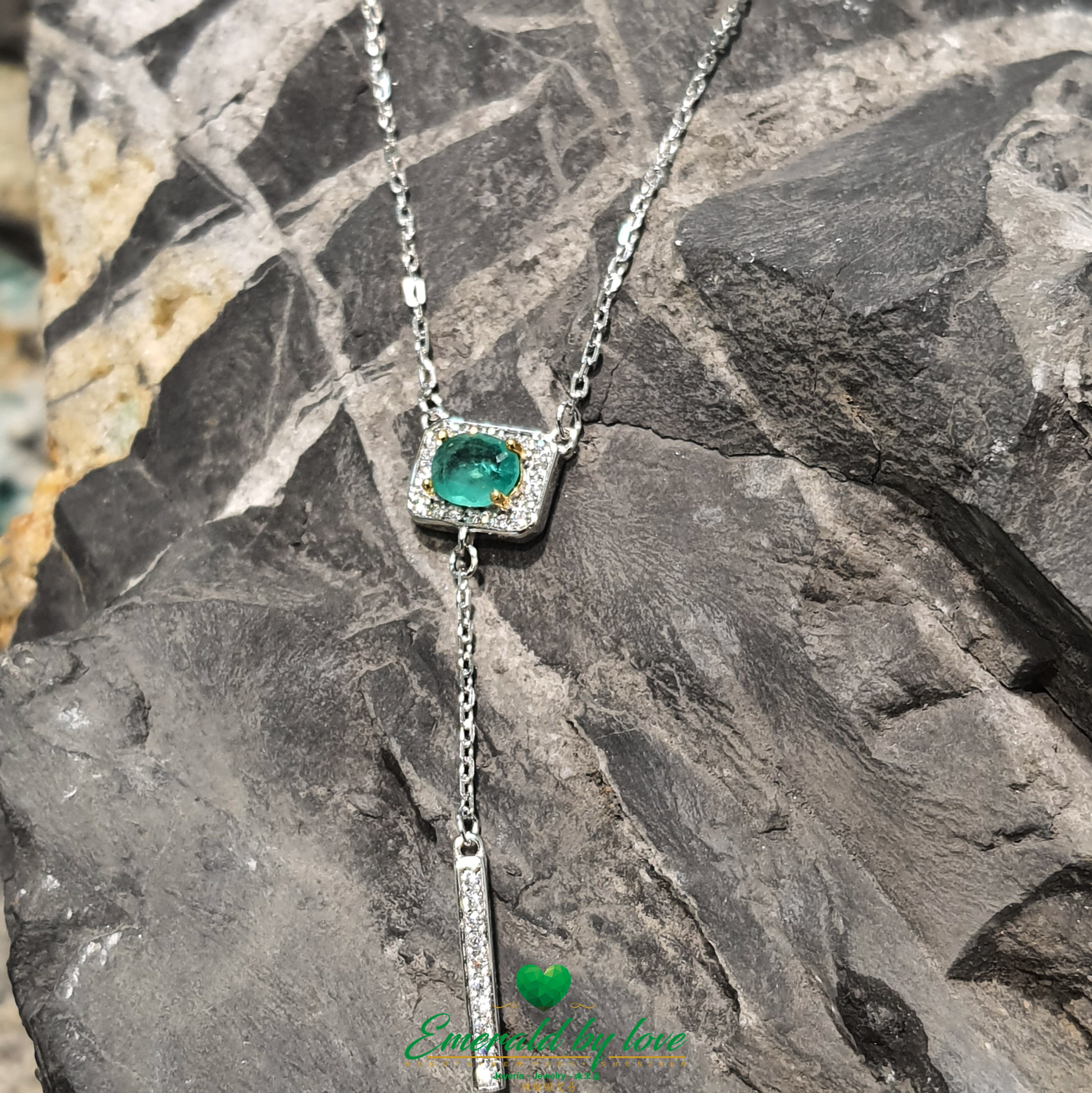 Rectangular Emerald Pendant with Hanging Cubic Zirconia Charm in Sterling Silver