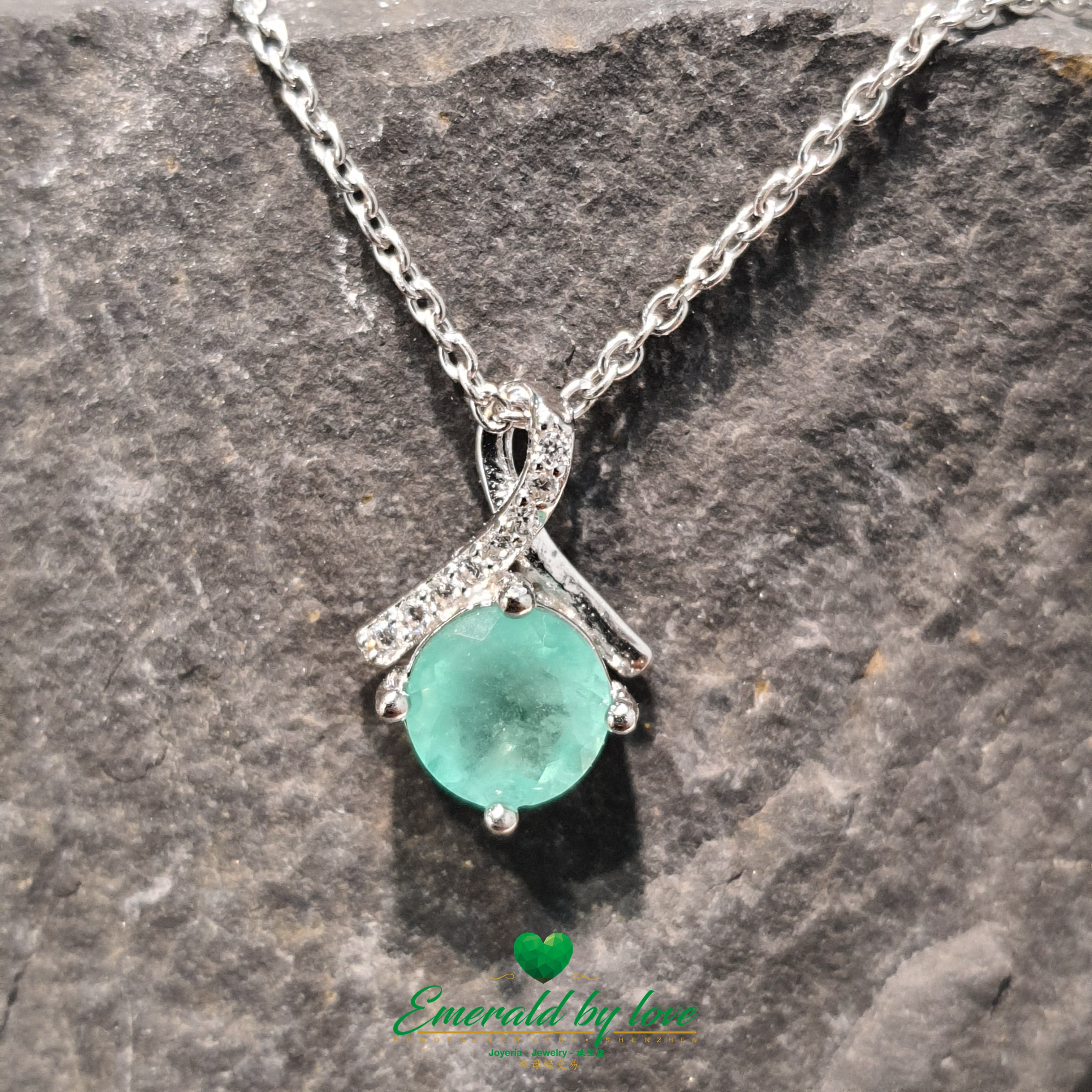 Emerald Crystal Pendant with Petite Bow of Cubic Zirconia in Sterling Silver