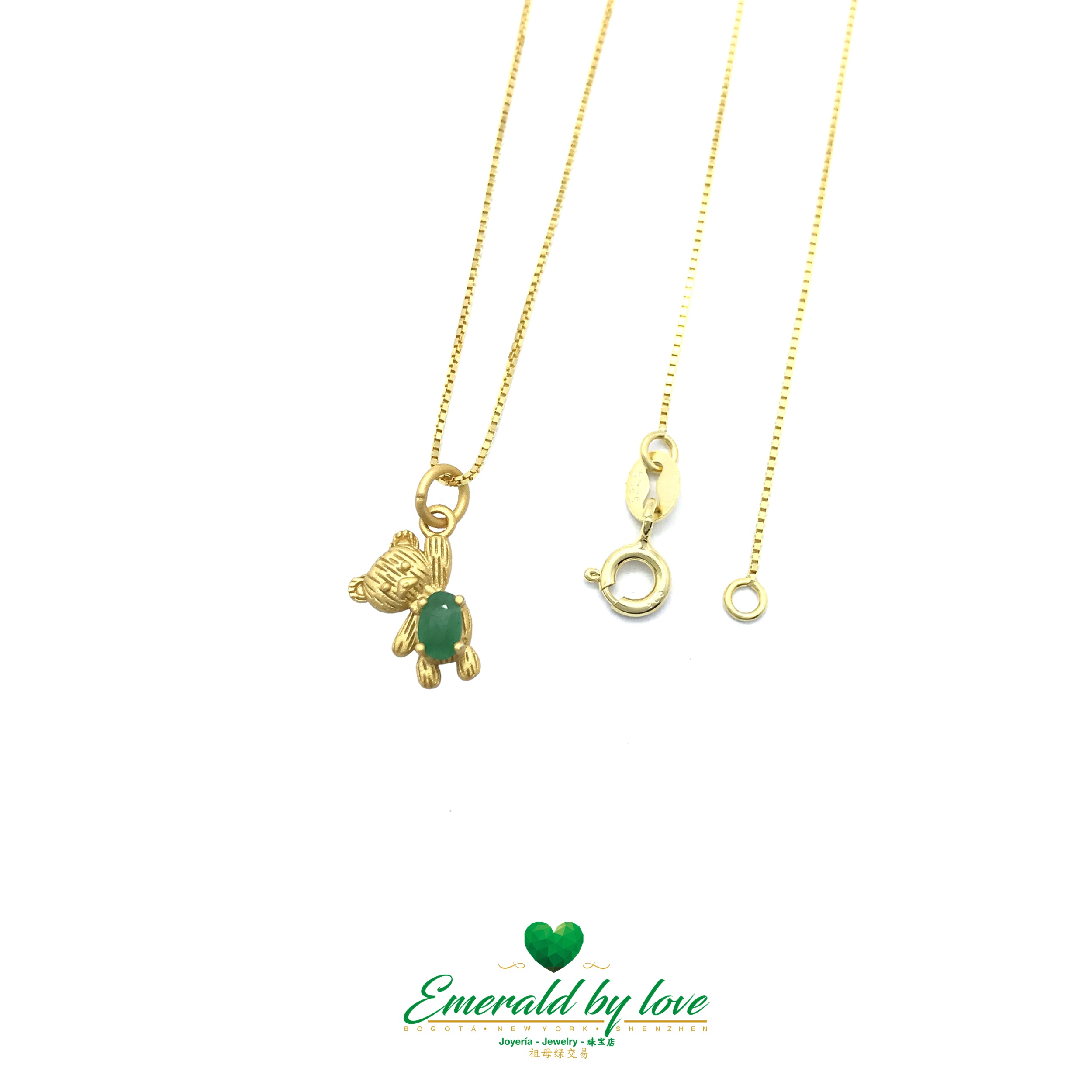 Gold-Plated Silver Pendant with Adorable Bear and Central Oval Emerald