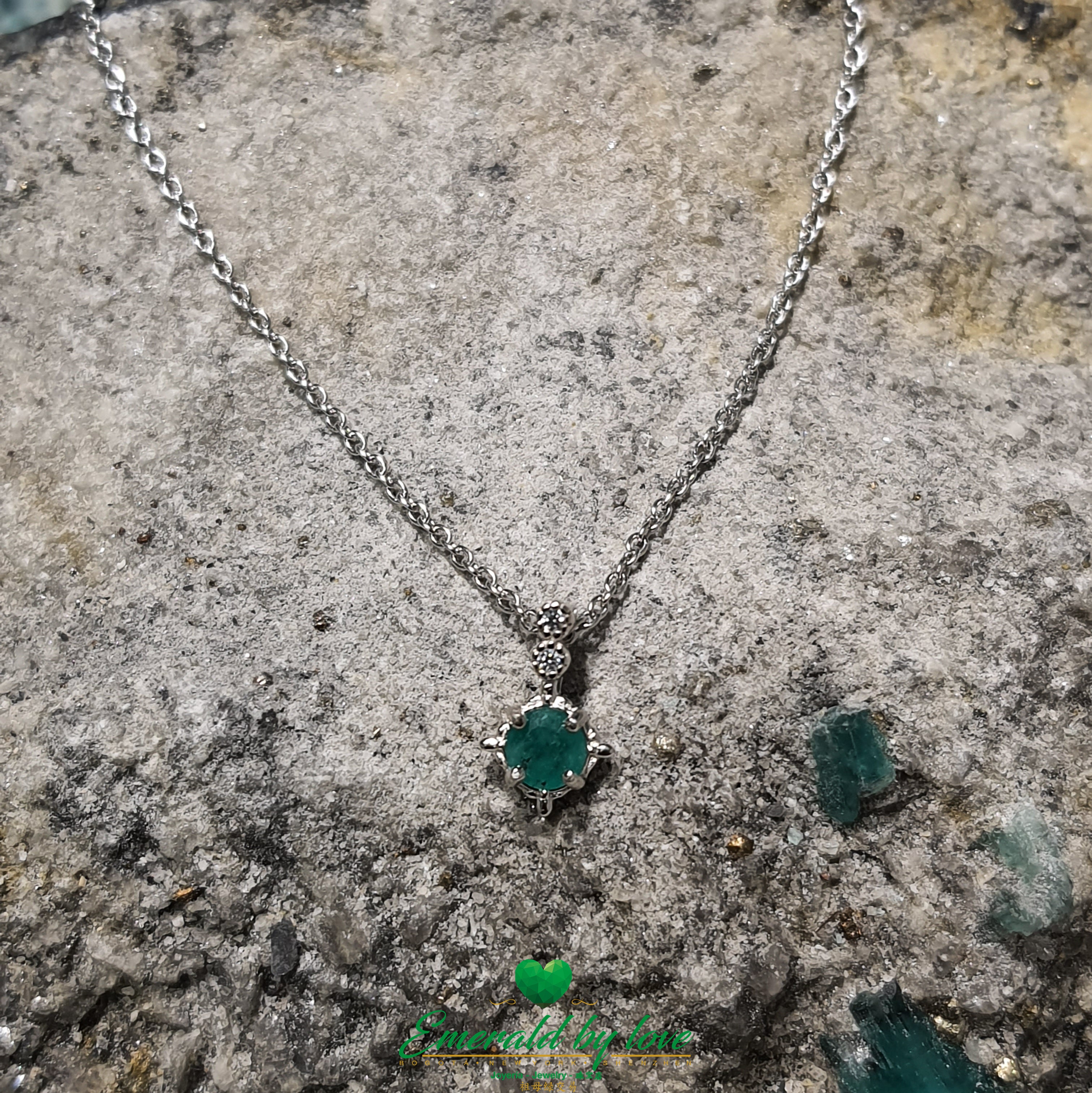Small Round Emerald Pendant with Silver Spike Accents