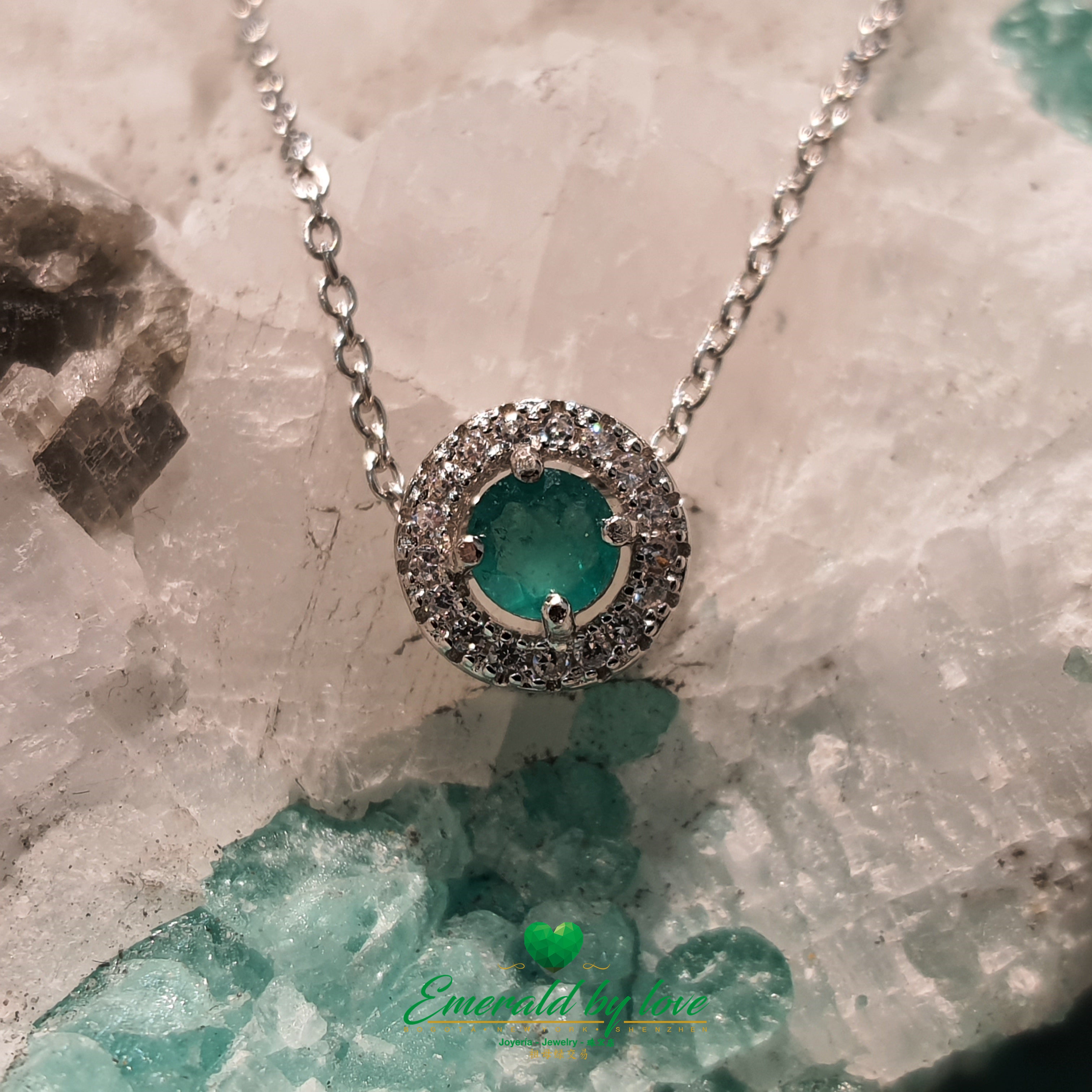 Circular Pendant with Halo of Cubic Zirconia and Central Round Crystal Emerald