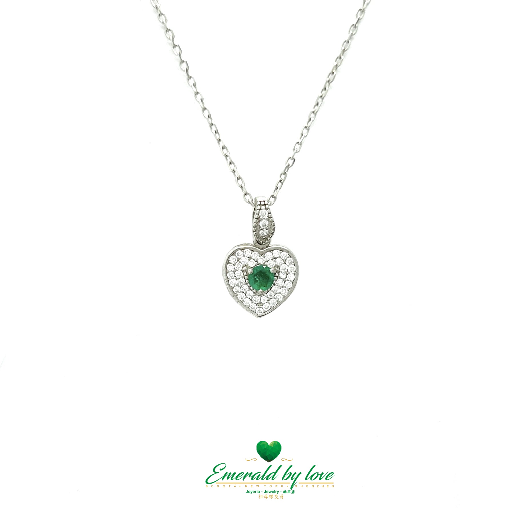 Heart-Shaped Silver Pendant with Central Round Emerald and White Zirconia