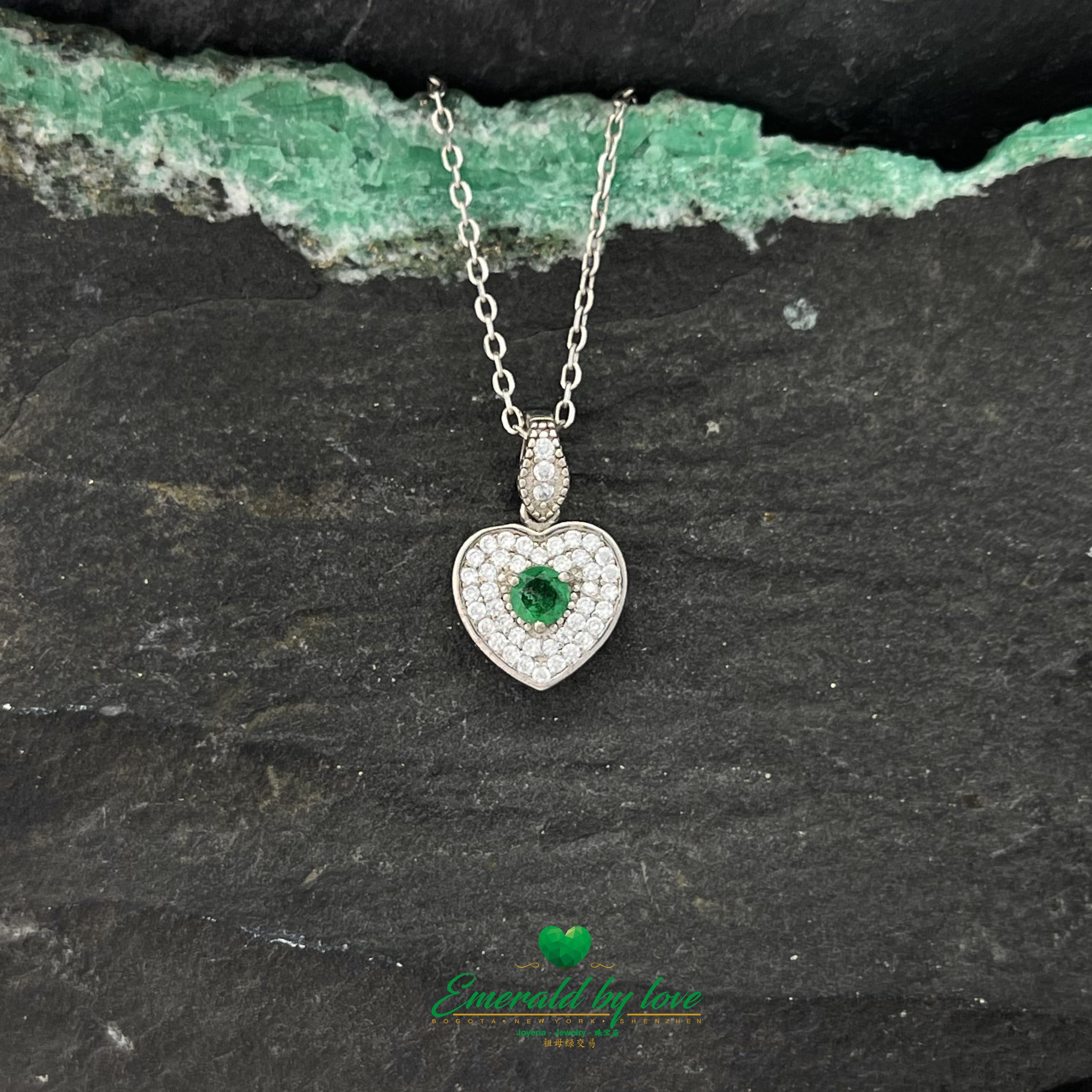 Heart-Shaped Silver Pendant with Central Round Emerald and White Zirconia