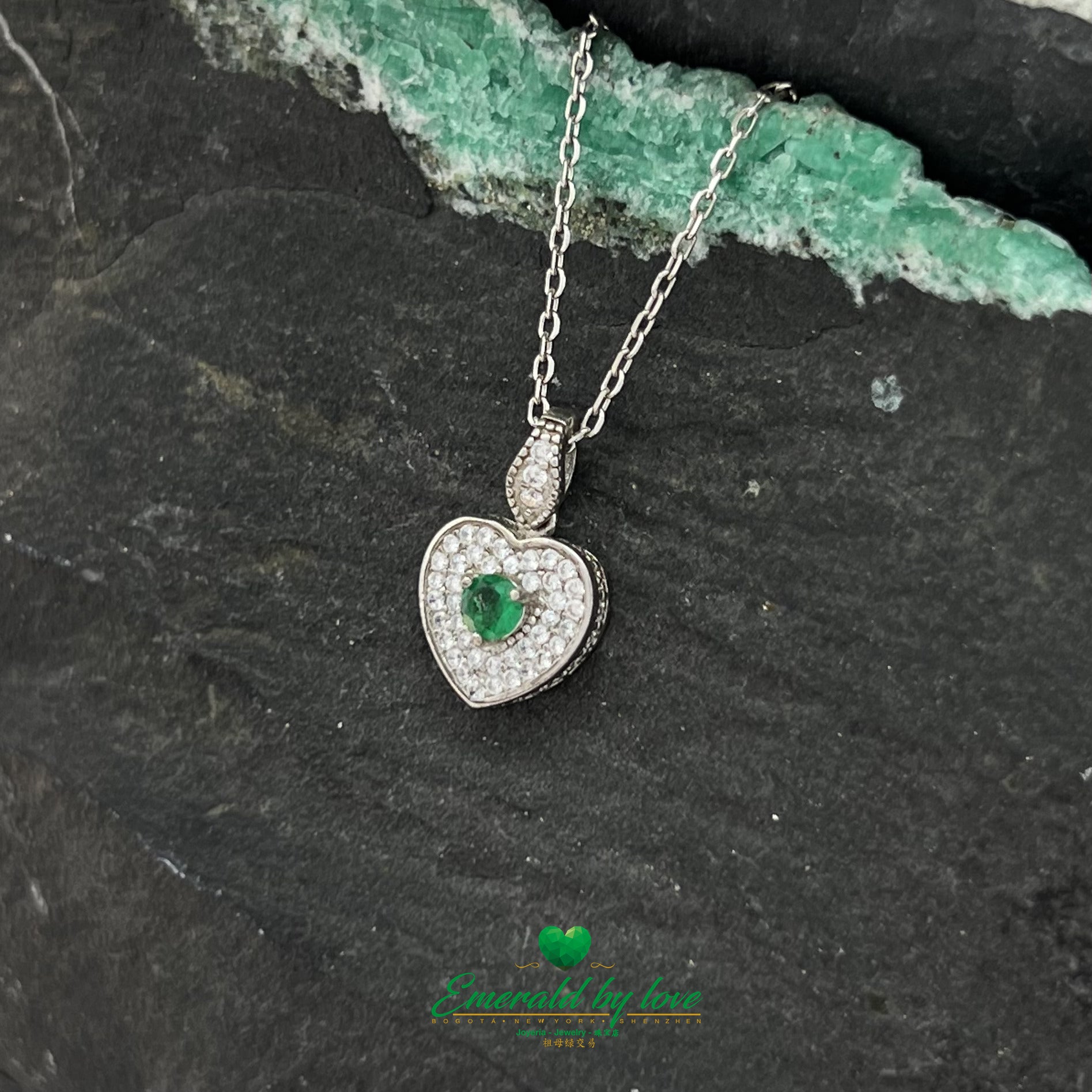 Heart-Shaped Silver Pendant with Central Round Emerald and White Zirconia