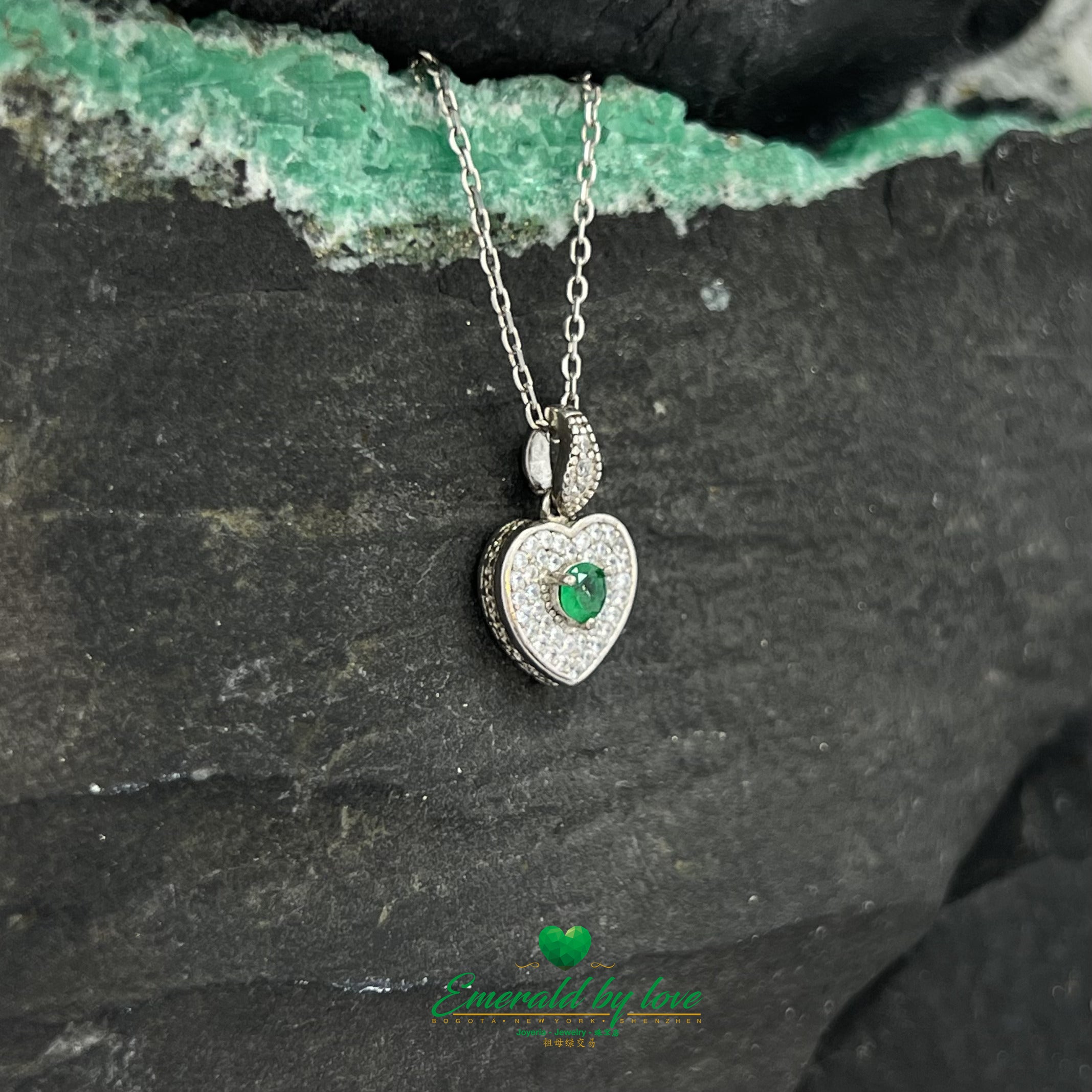 Heart-Shaped Silver Pendant with Central Round Emerald and White Zirconia