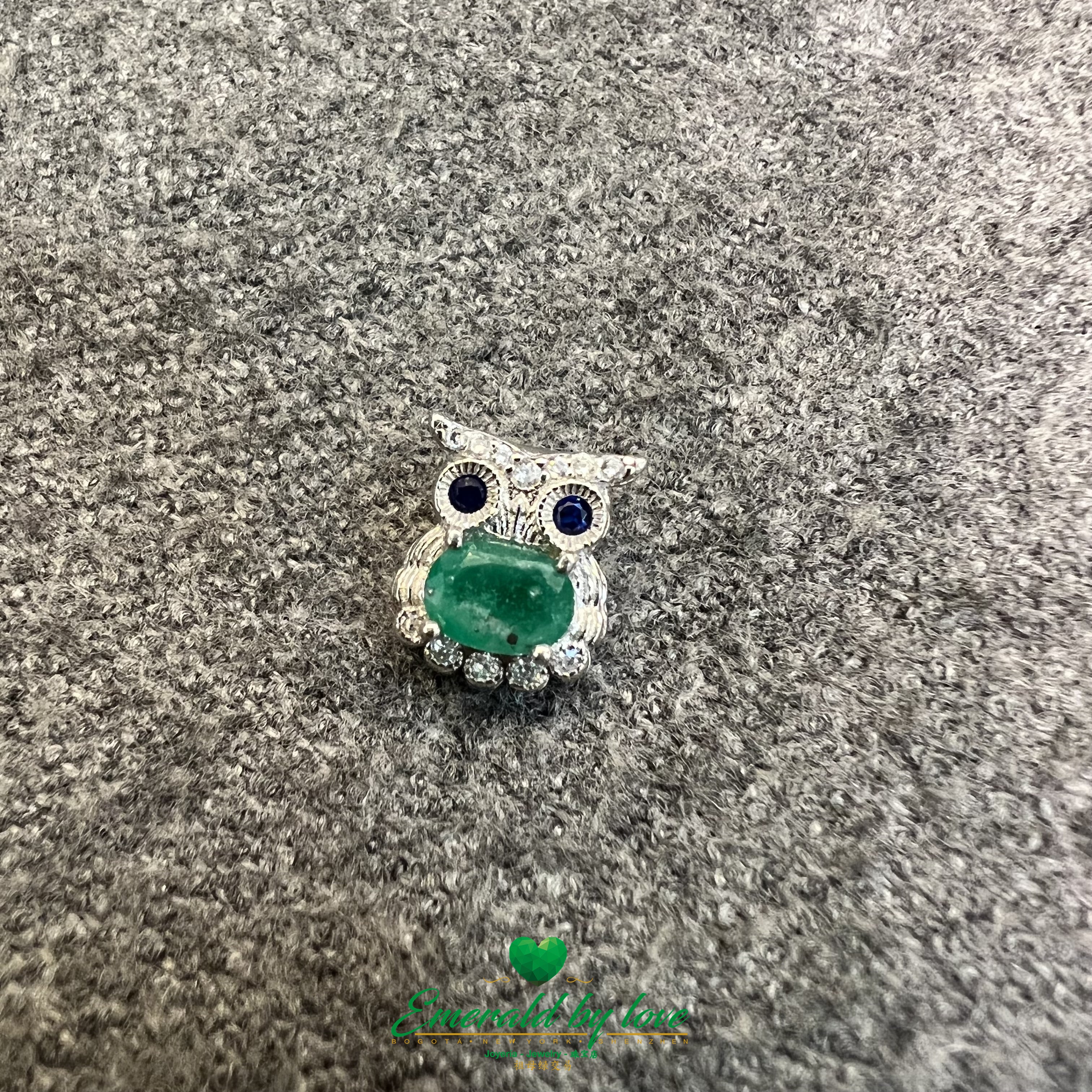 Adorable Owl Pendant with Central Oval Emerald