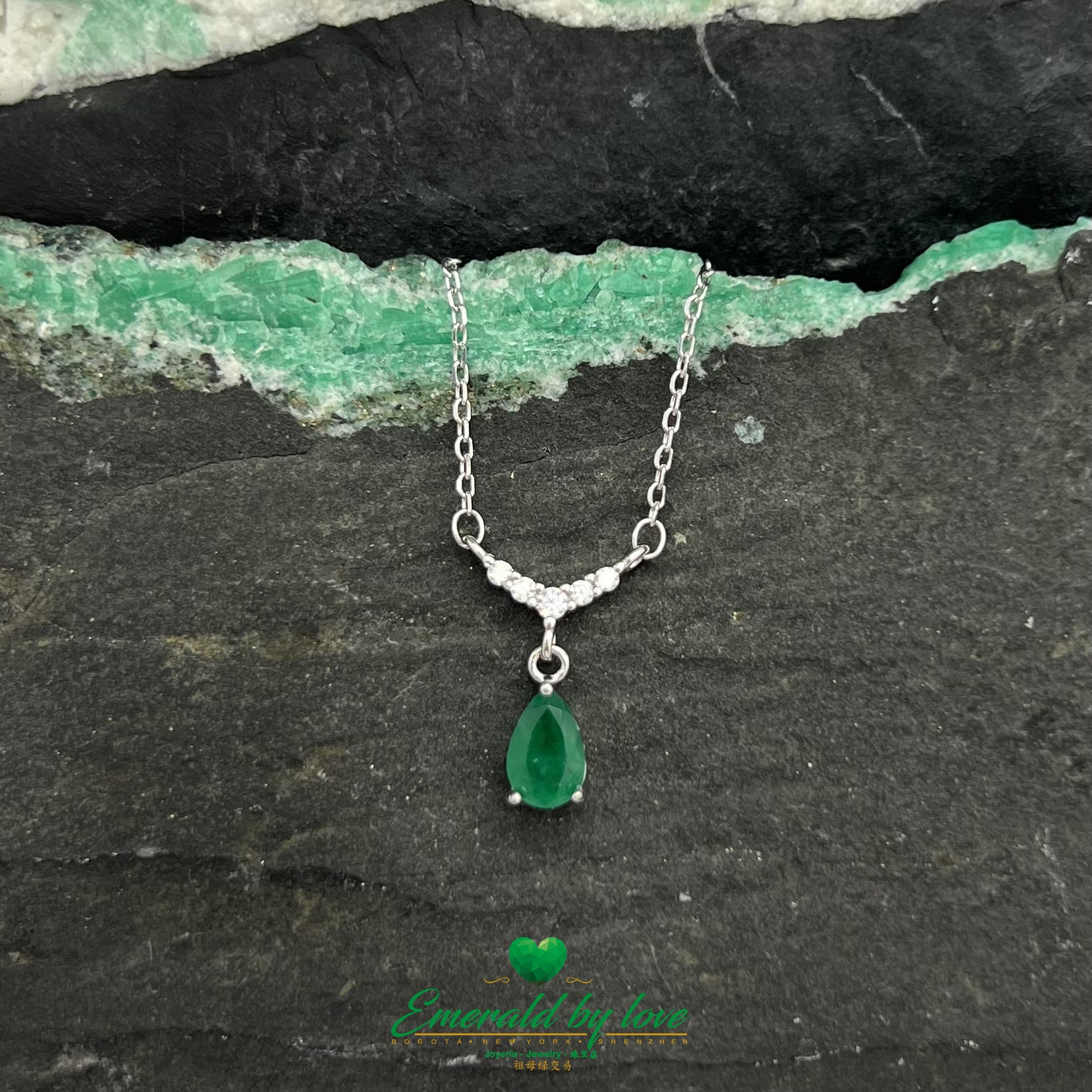 Crystal Teardrop Emerald Pendant with Cubic Zirconia Dangle