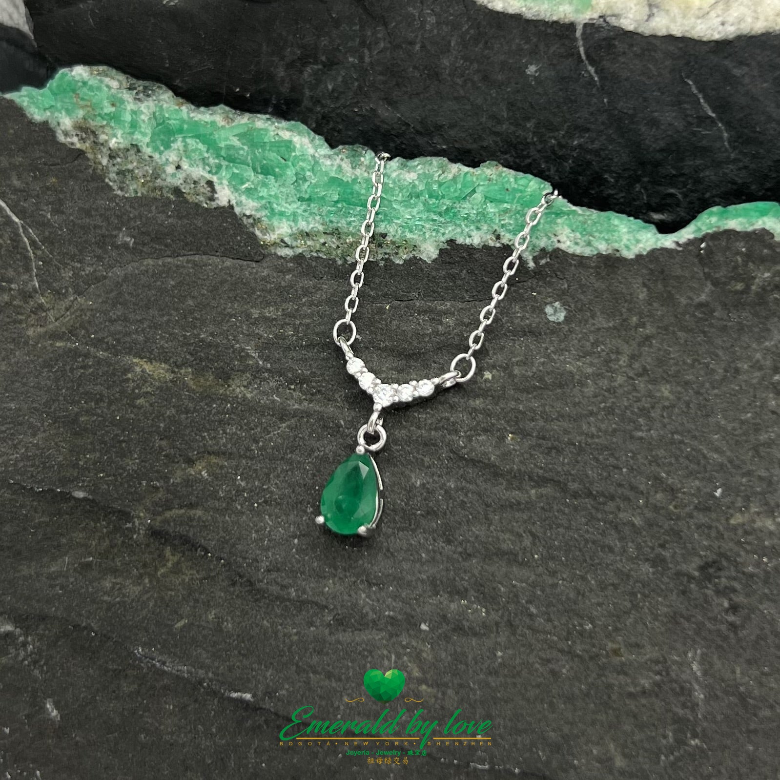 Crystal Teardrop Emerald Pendant with Cubic Zirconia Dangle