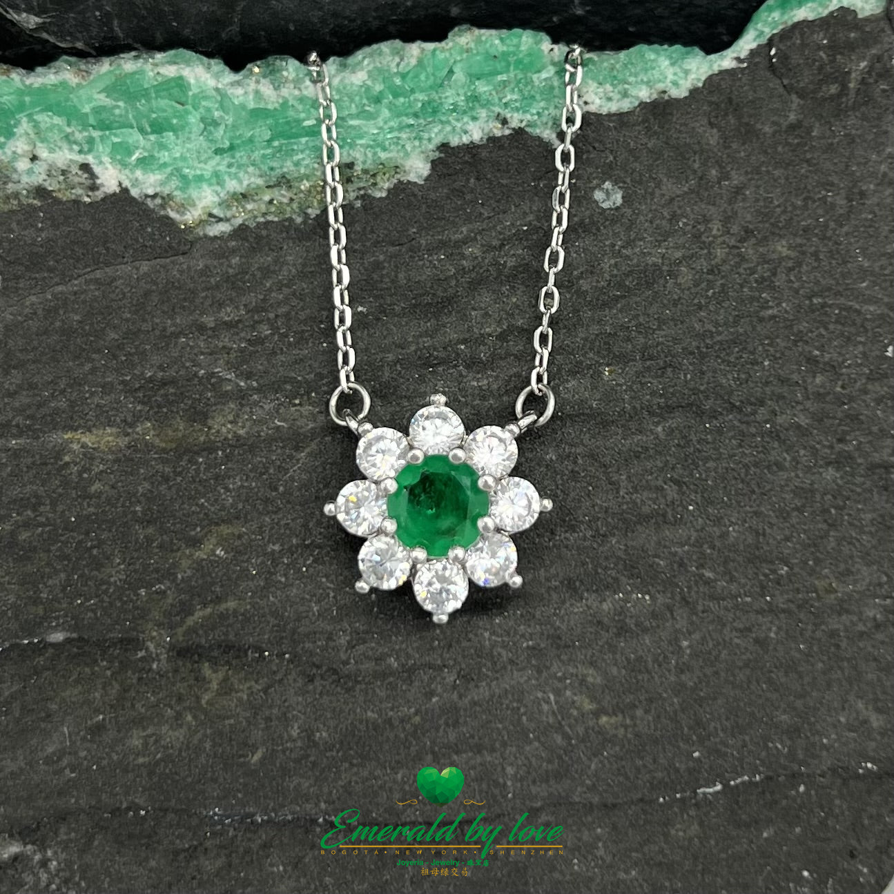 Sunflower Pendant with Medium Round Emerald